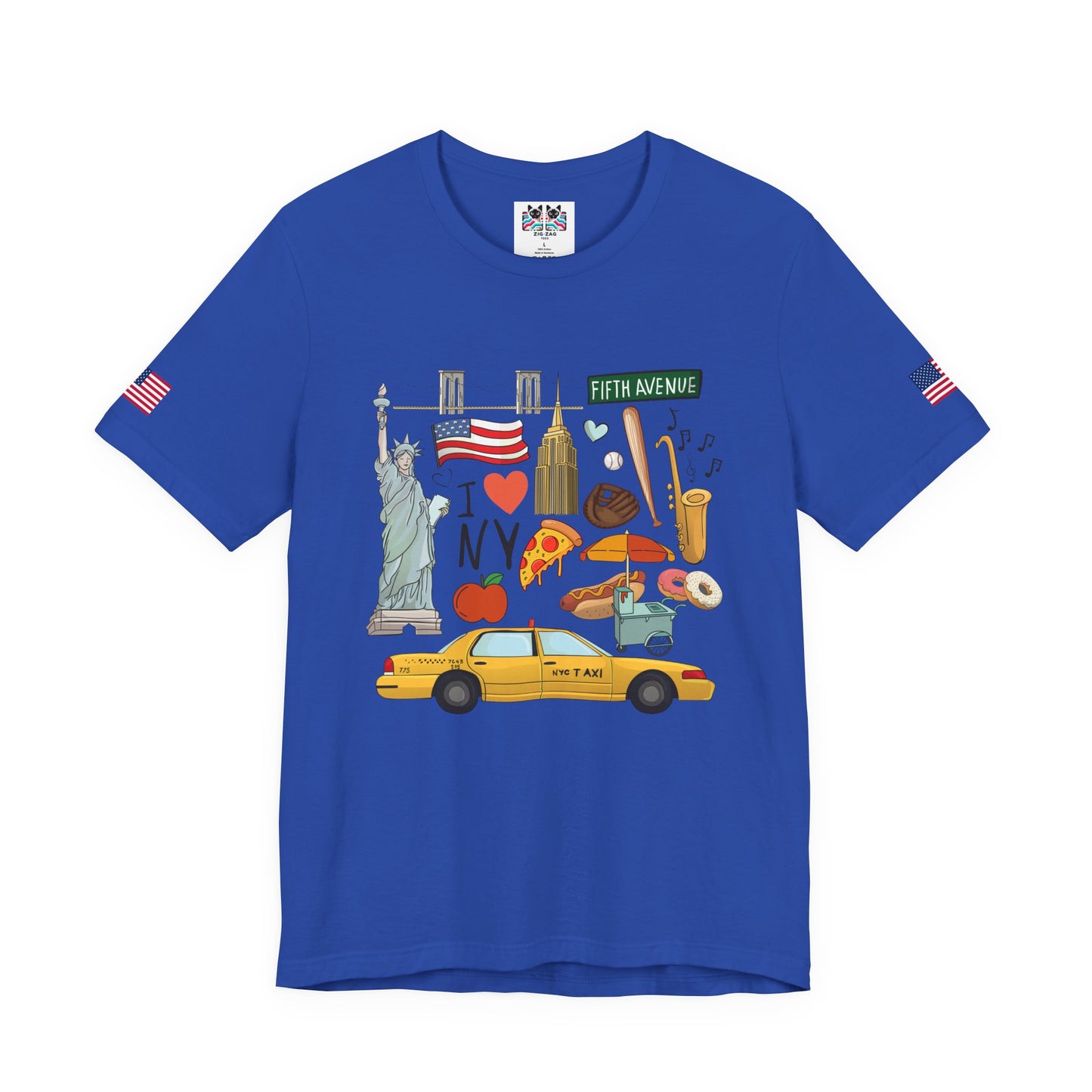 I Love NY T-Shirt - New York City Icons Graphic Tee with Statue of Liberty, Taxi & Food