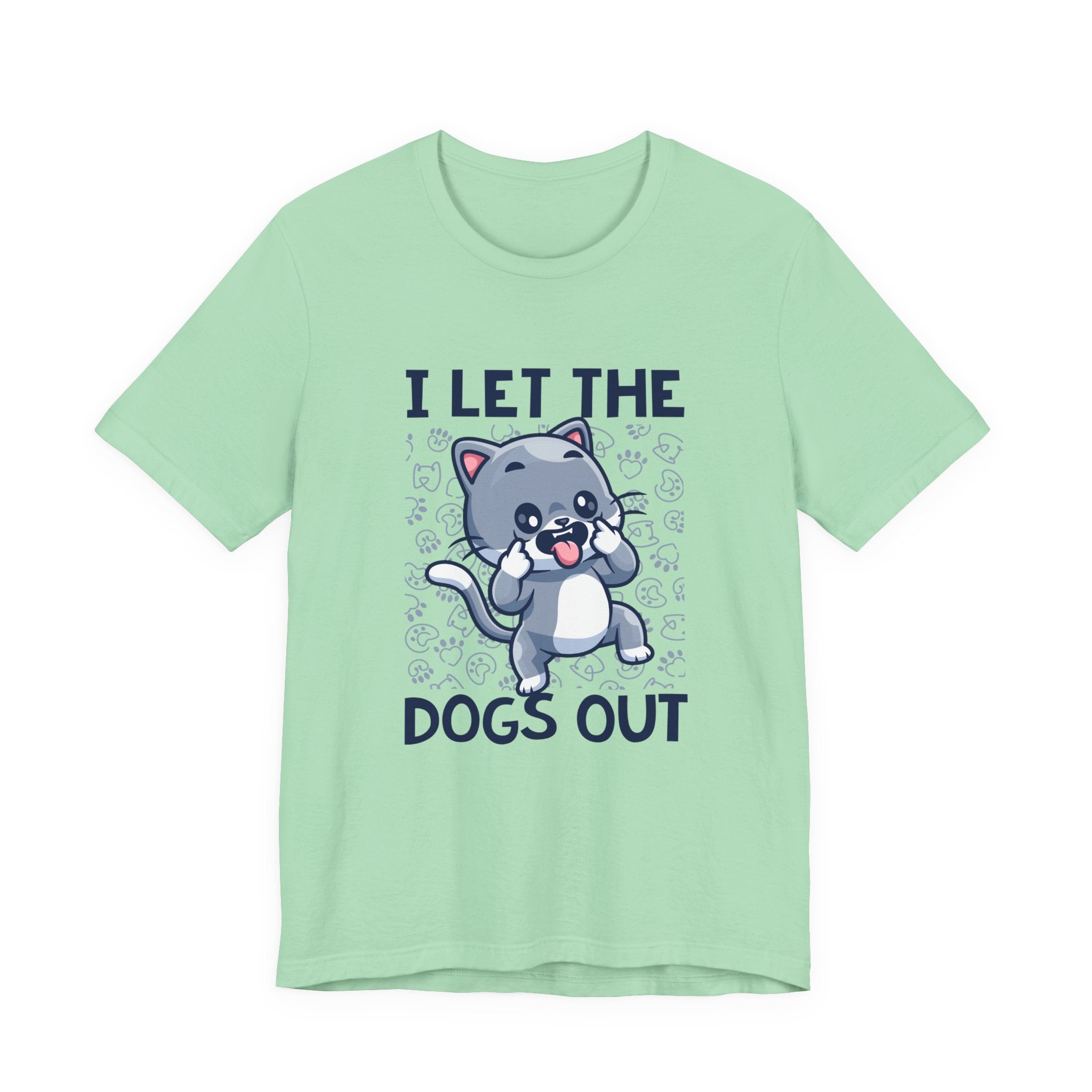 I Let the Dogs Out T-Shirt – Teasing Cat with Paw Prints Graphic Tee