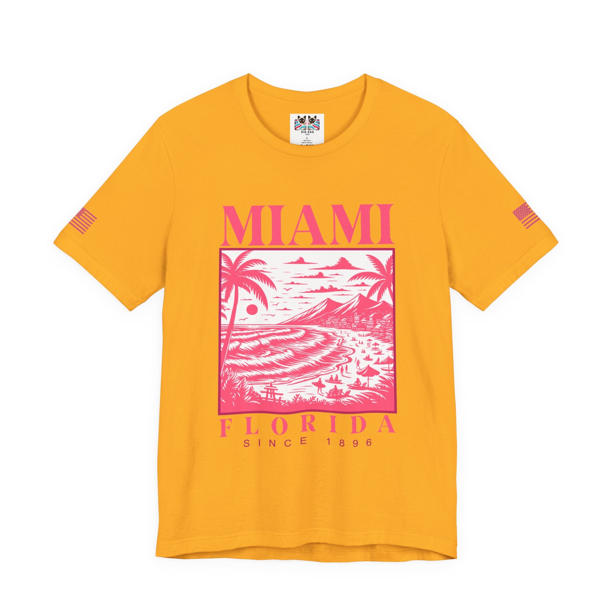 Miami Florida Since 1896 T-Shirt – Engraving Style Beach Scene Palm Tree Graphic Tee
