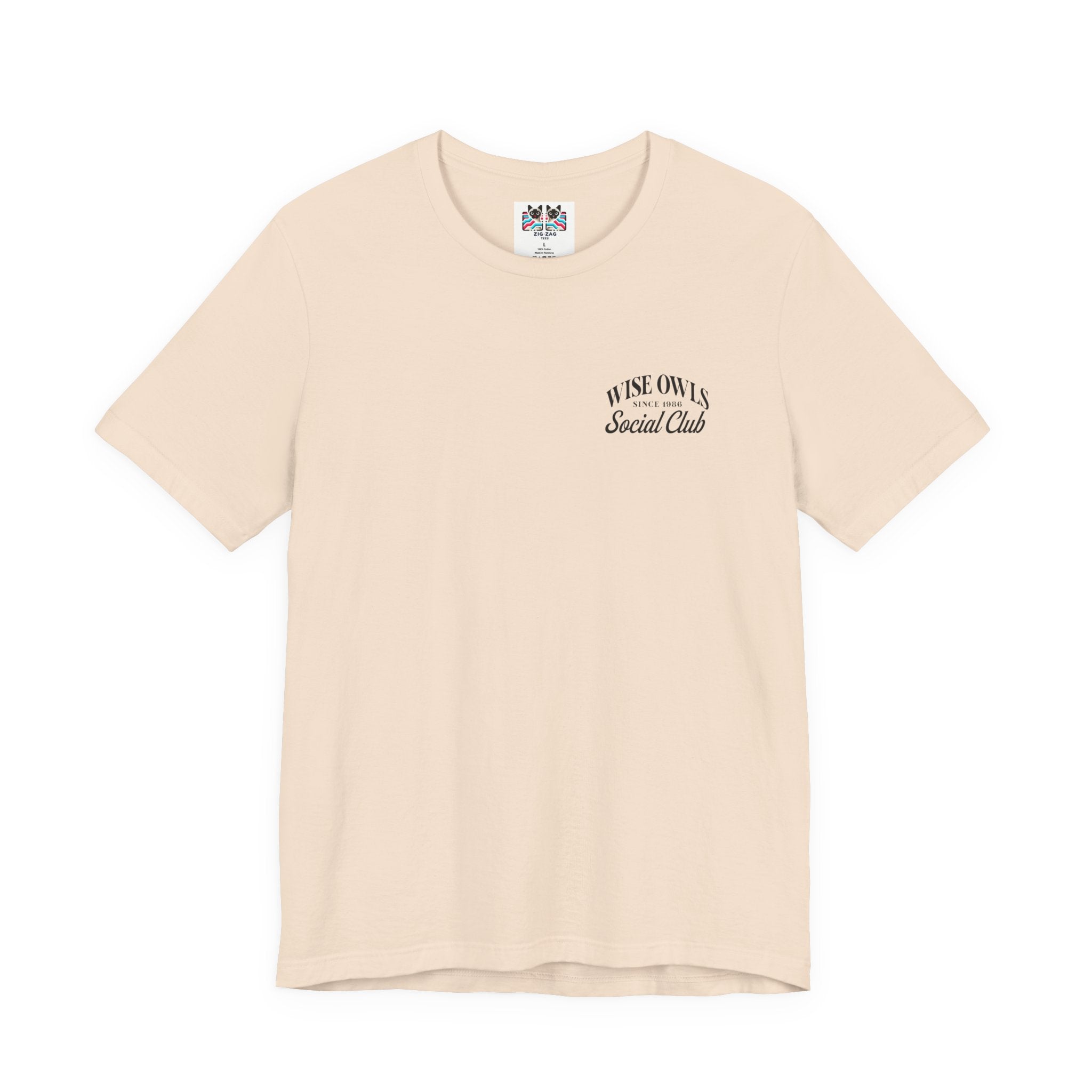 Wise Owl Social Club T-Shirt – Calm Owl on Branch with Empowering Text