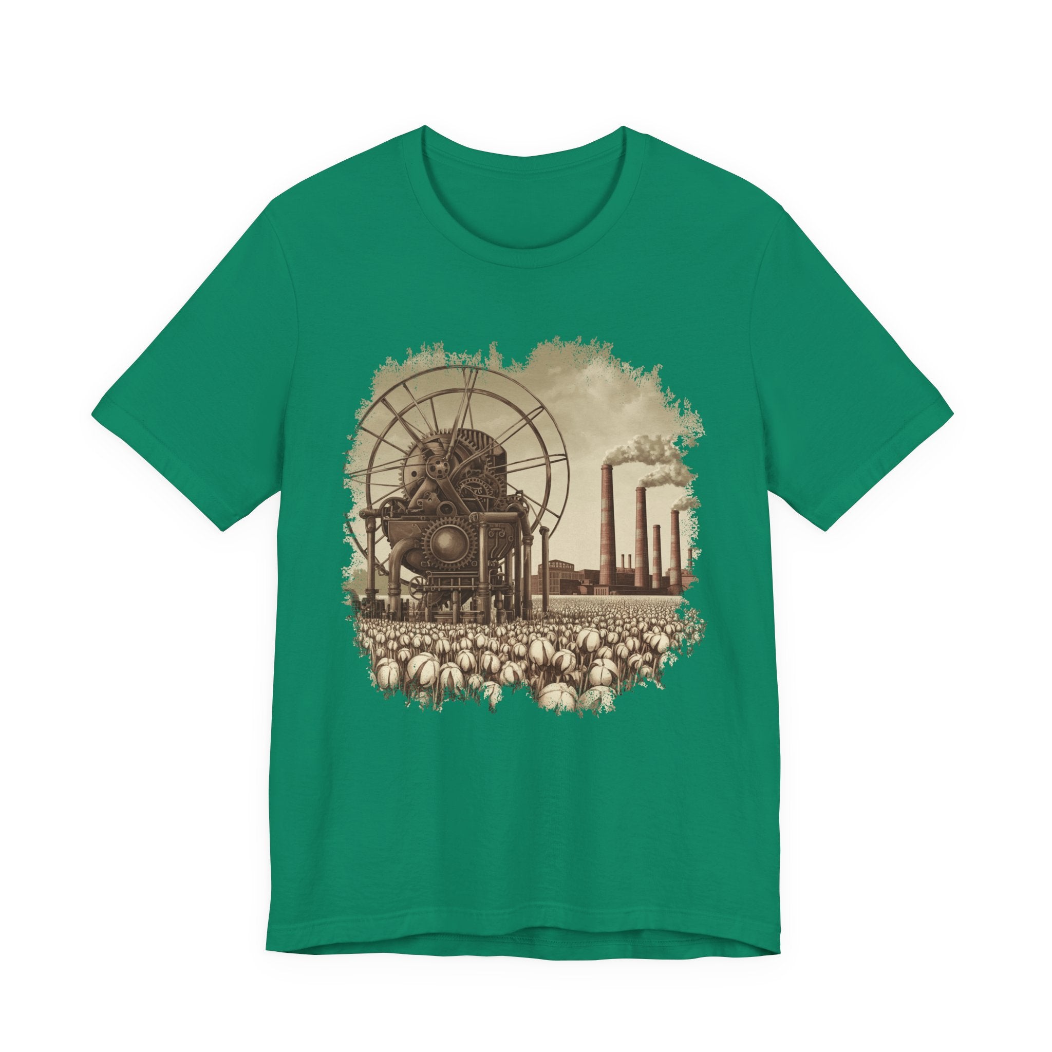 Cotton Gin Club Tshirt – Harvest-Ready Cotton Field with Historic Spinning Machine and Factory