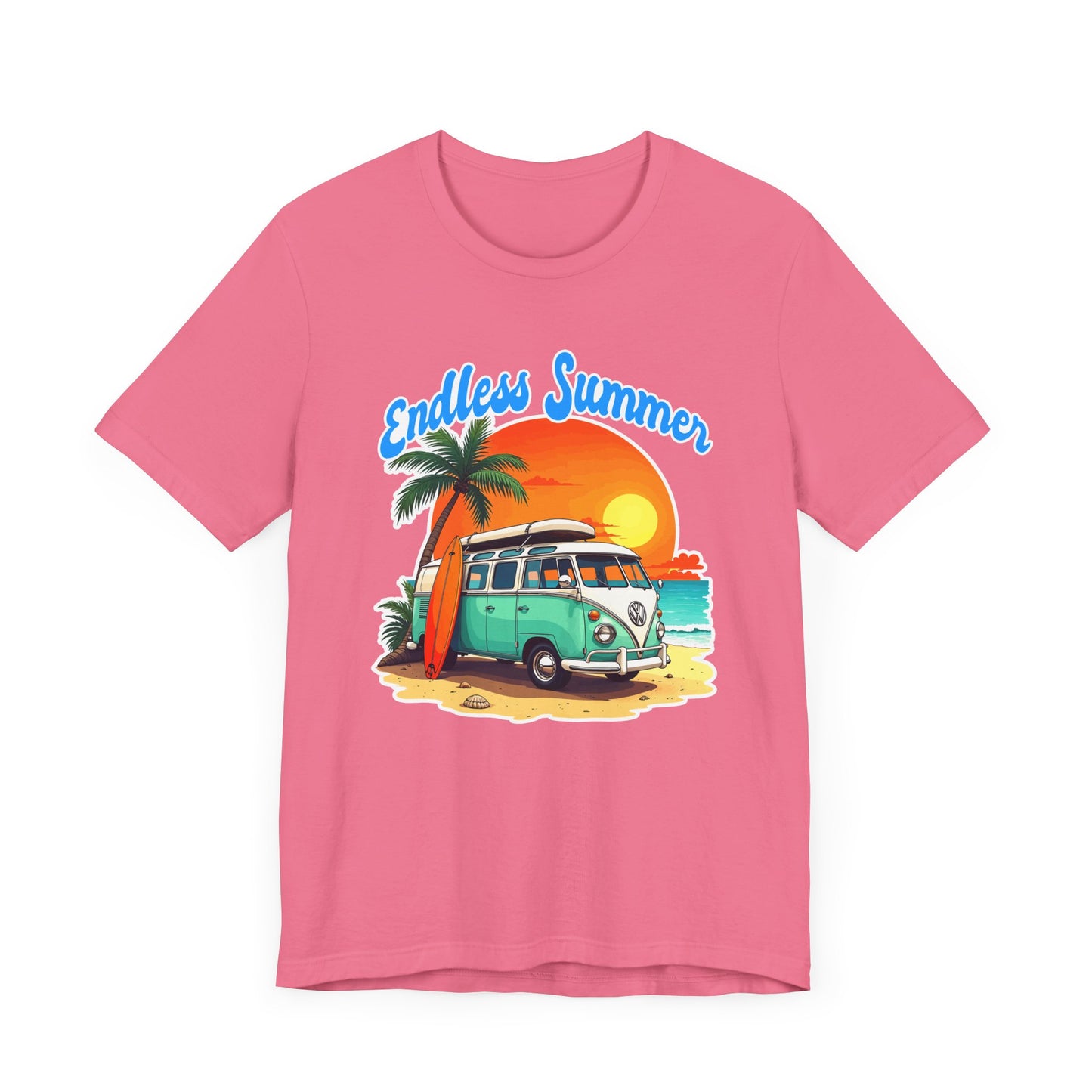 Endless Summer Beach Van with Surfboard and Palm Tree Sunset Graphic T-Shirt