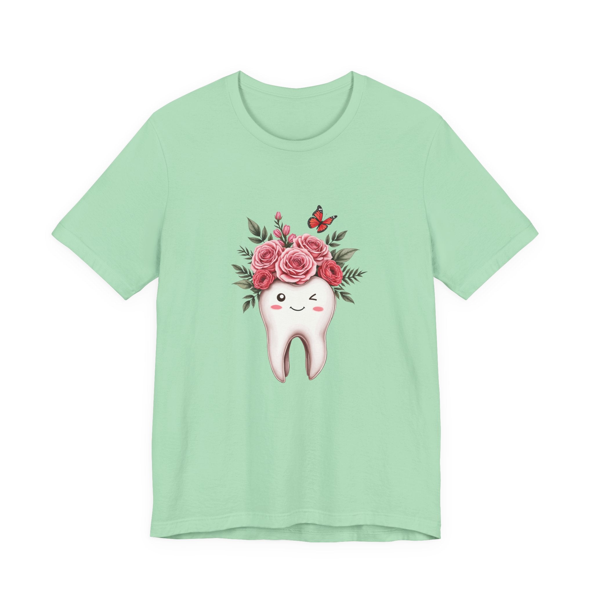Smile T Shirt with Large Winking Tooth Surrounded by Flowers Leaves and Butterflies