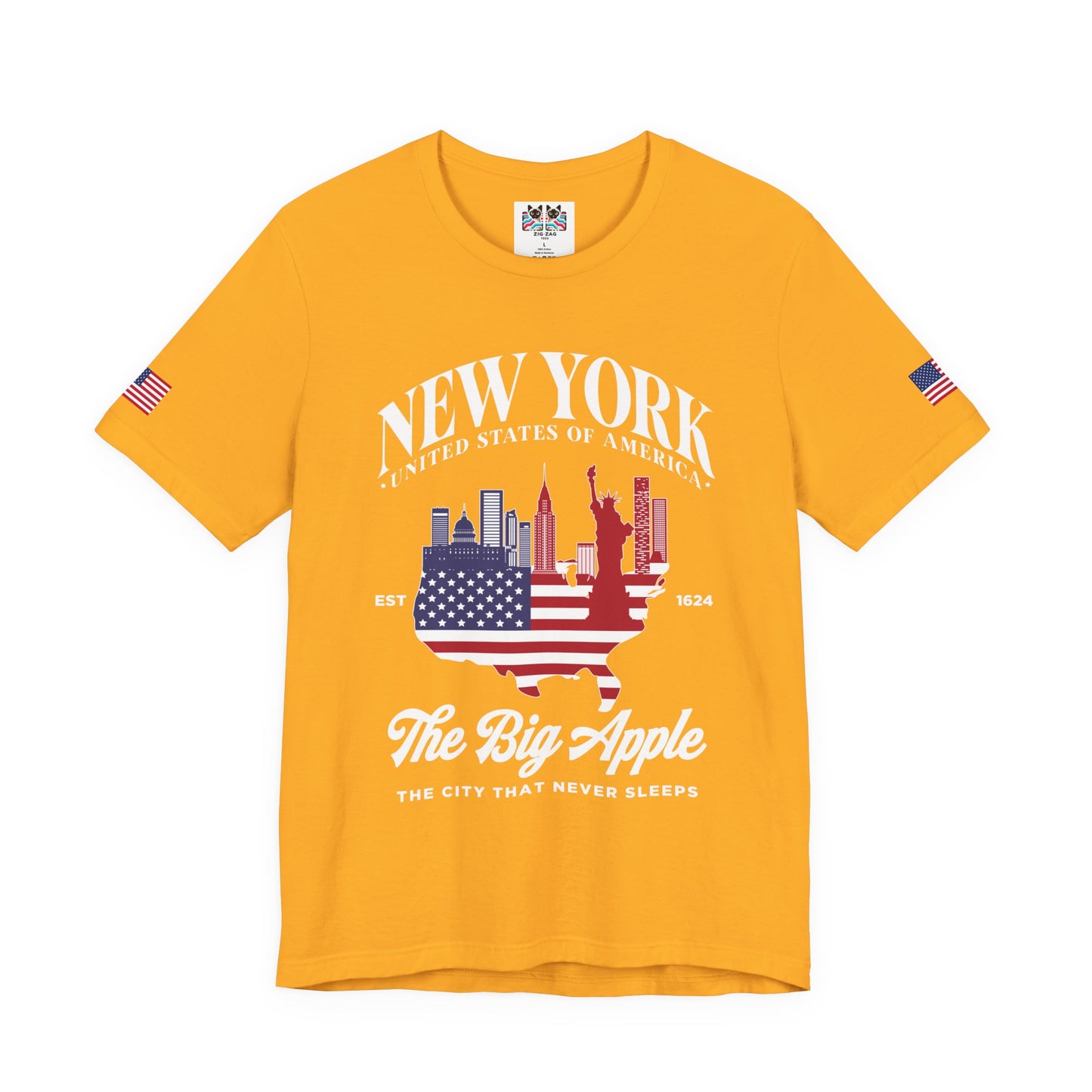 New York The Big Apple T-Shirt - NYC Skyline USA Flag Design Est 1624