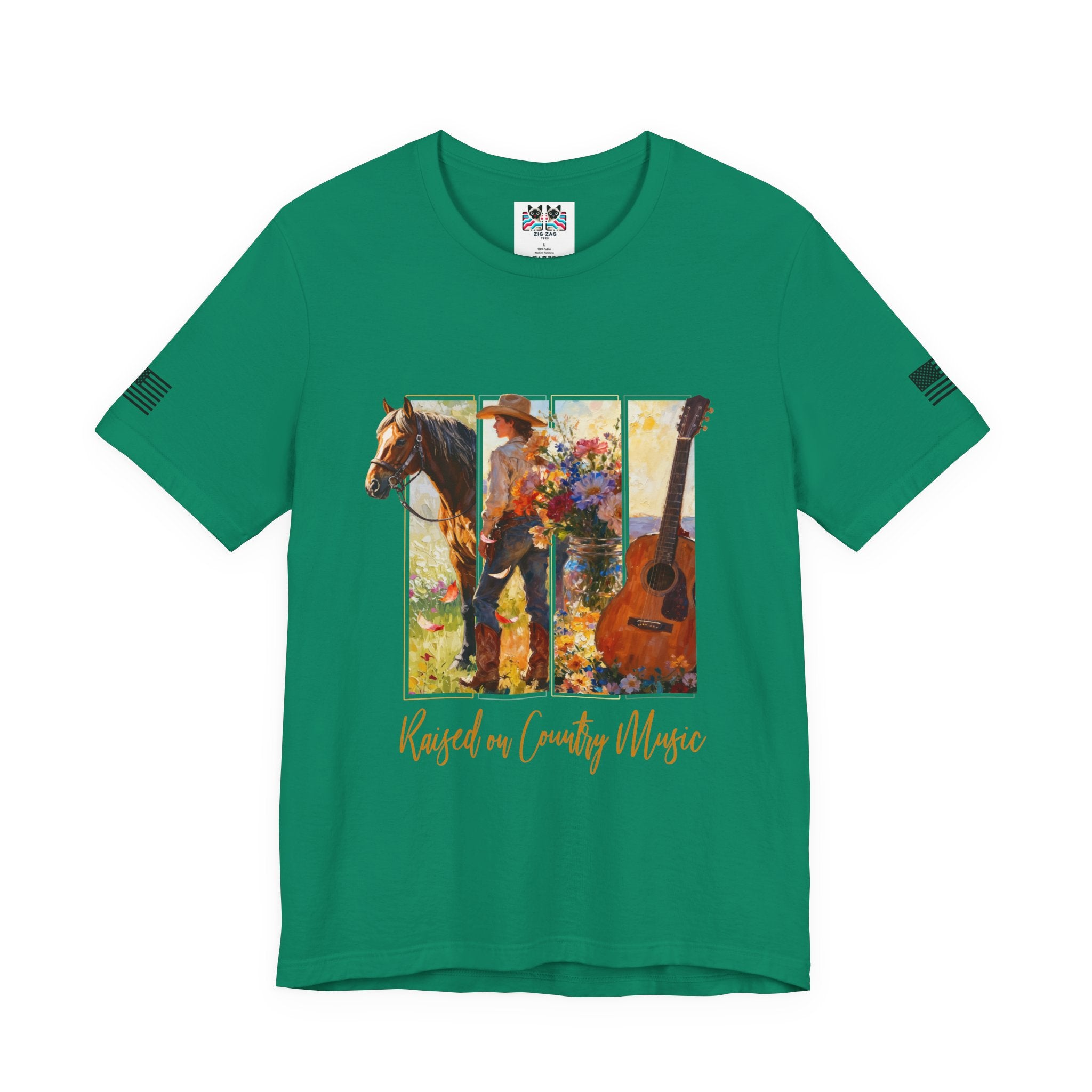 Raised on Country Music T-Shirt – Triptych Horse Cowboy Guitar Floral Illustrated Graphic Tee