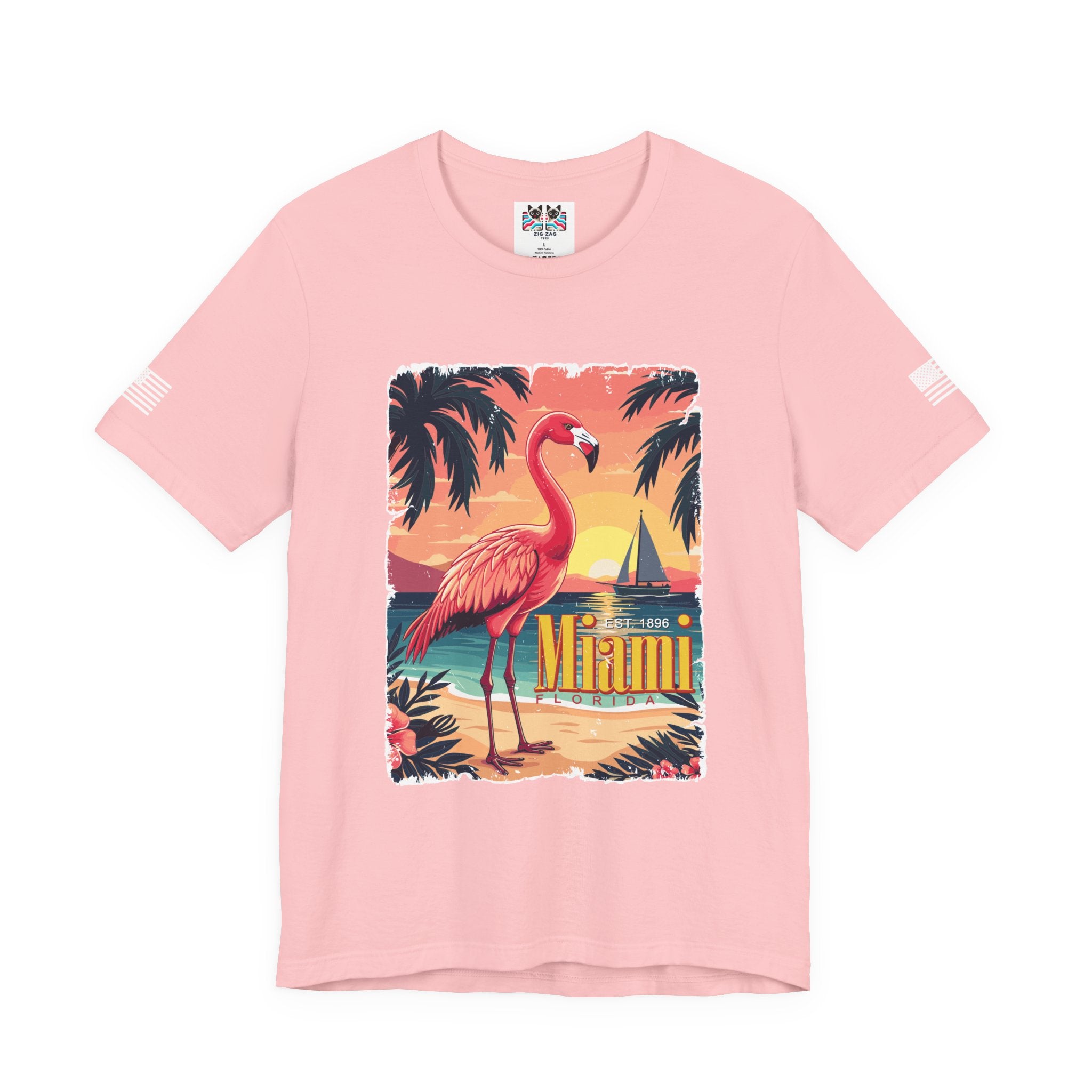 Miami Florida EST 1896 T-Shirt – Flamingo Vintage Travel Poster Beach Sunset Tee