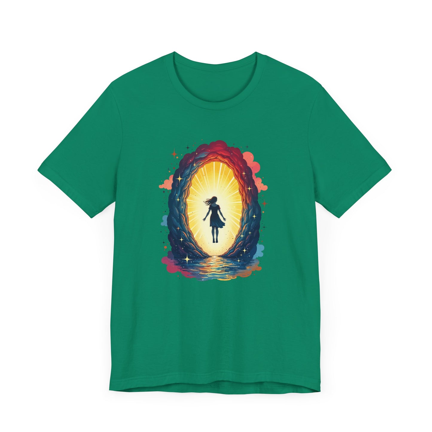 Interdimensional Chill – Floating Woman in Cosmic Portal Graphic T-Shirt