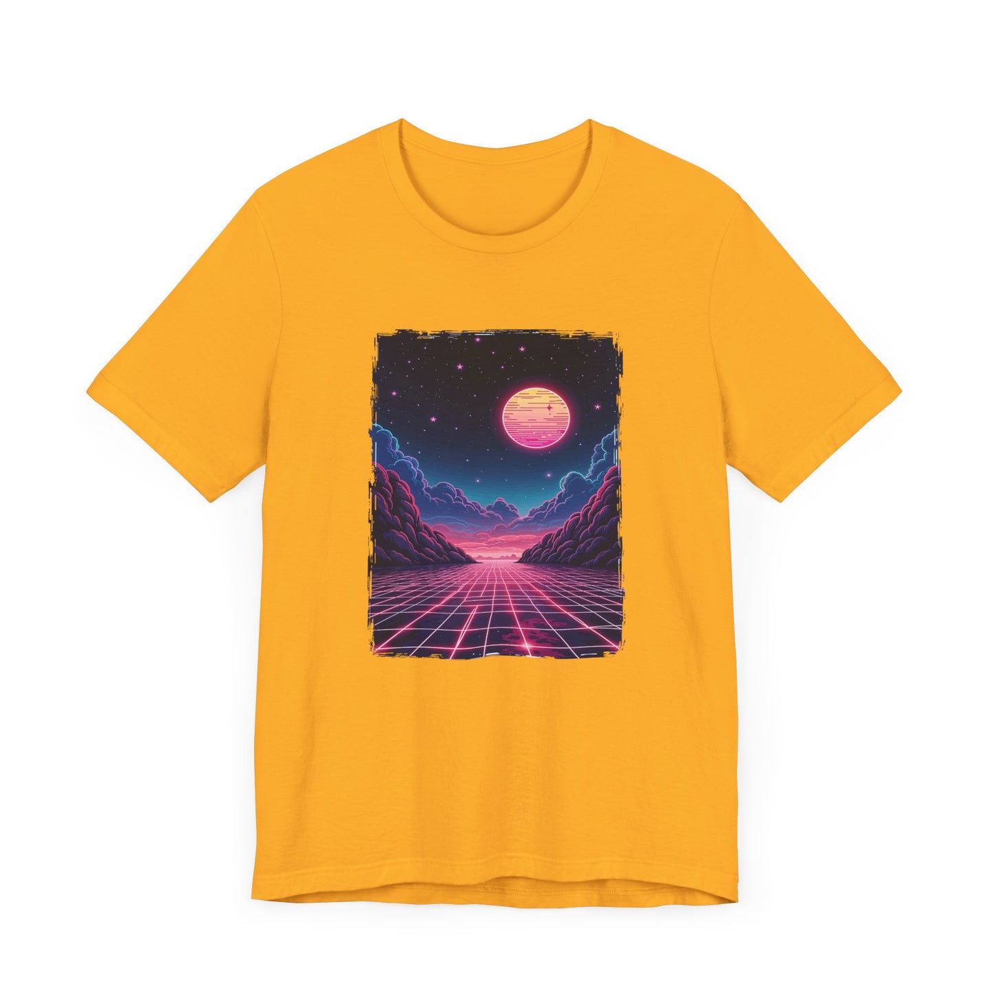 Neon Dream – Full Moon Night Waterfront with Mountains and Glowing Sky Graphic T-Shirt
