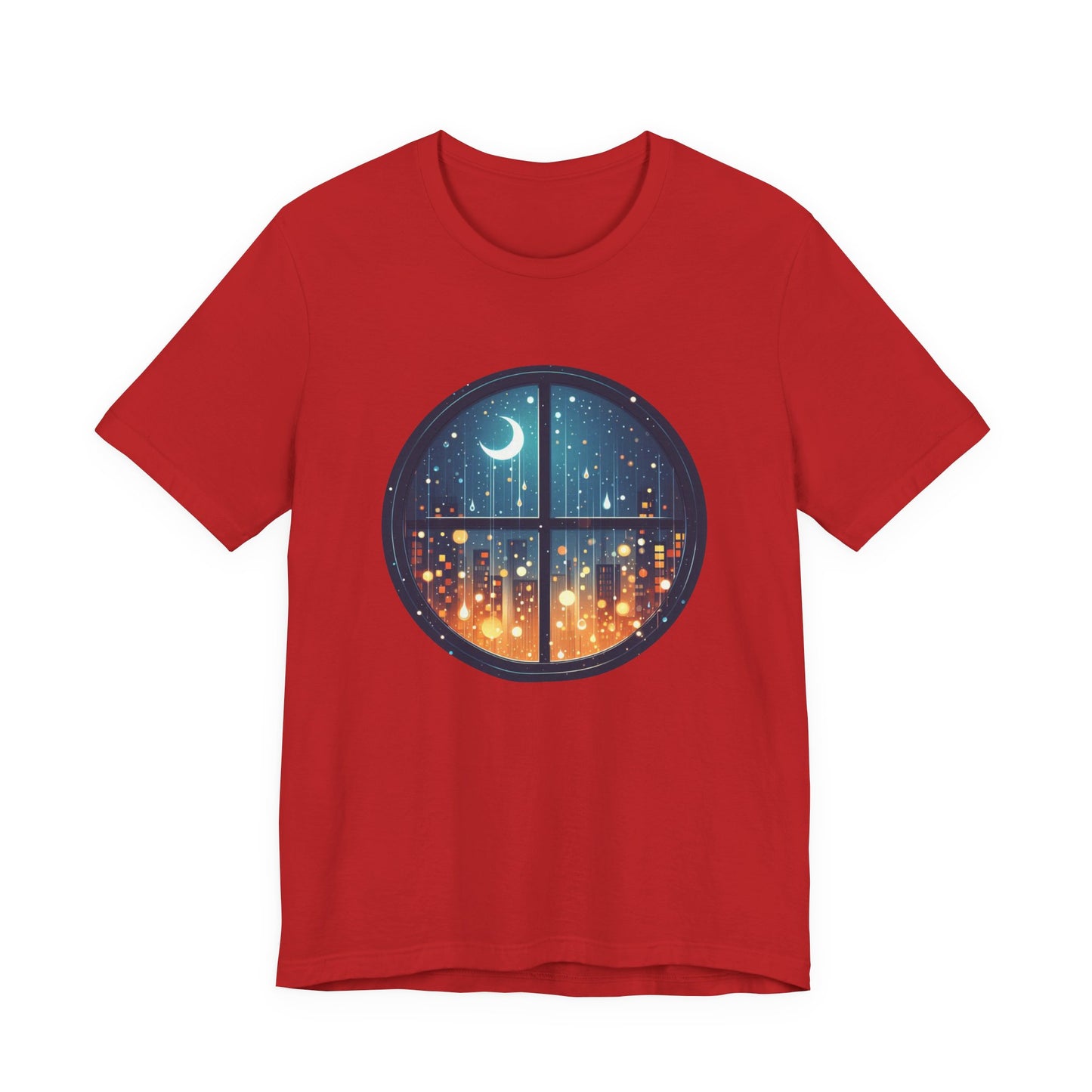 Dreaming Under Drizzles – Crescent Moon & Rainy Night in a City Window Graphic T-Shirt