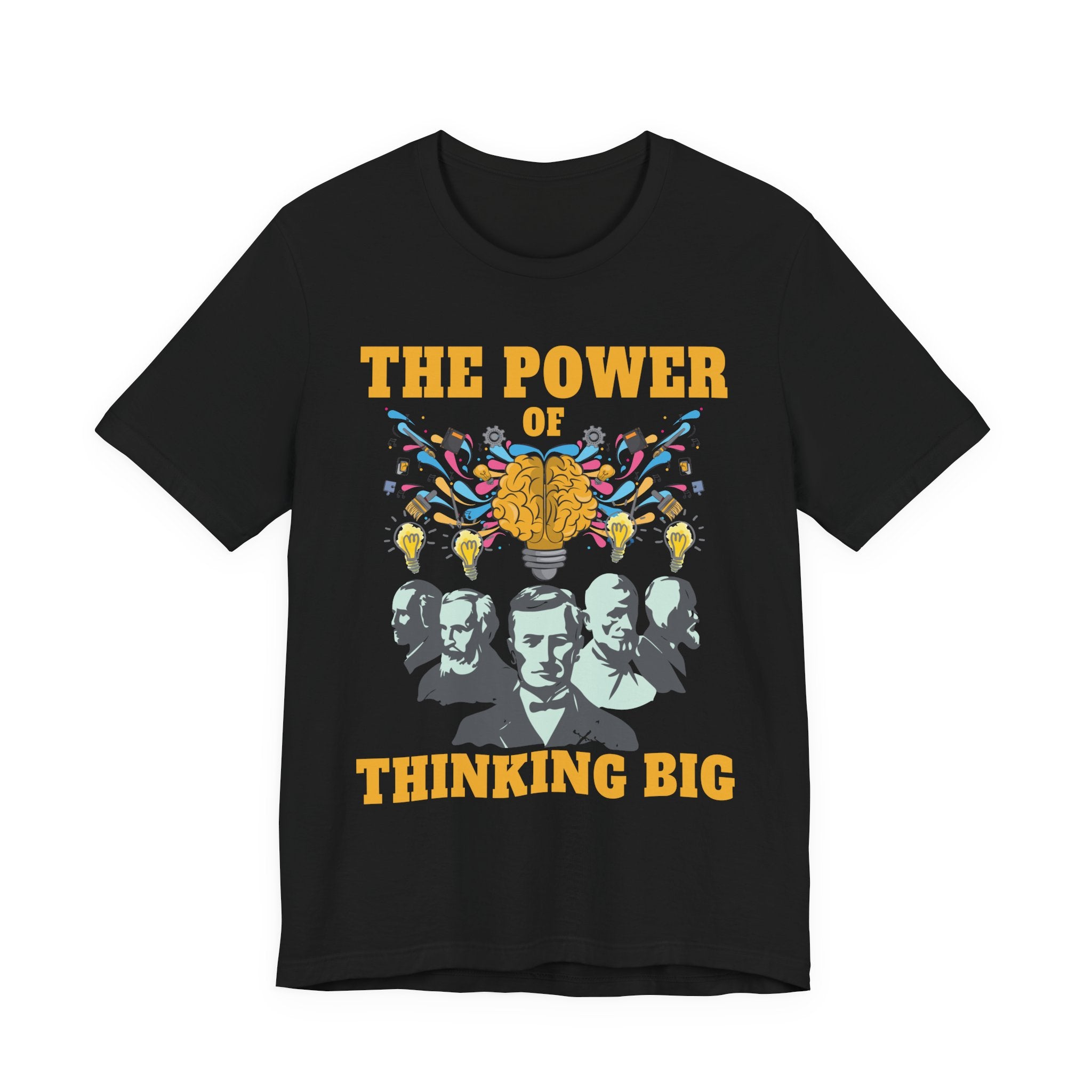 The Power of Thinking Big Tshirt – Brain with Great Scientists and Glowing Bulb Graphic