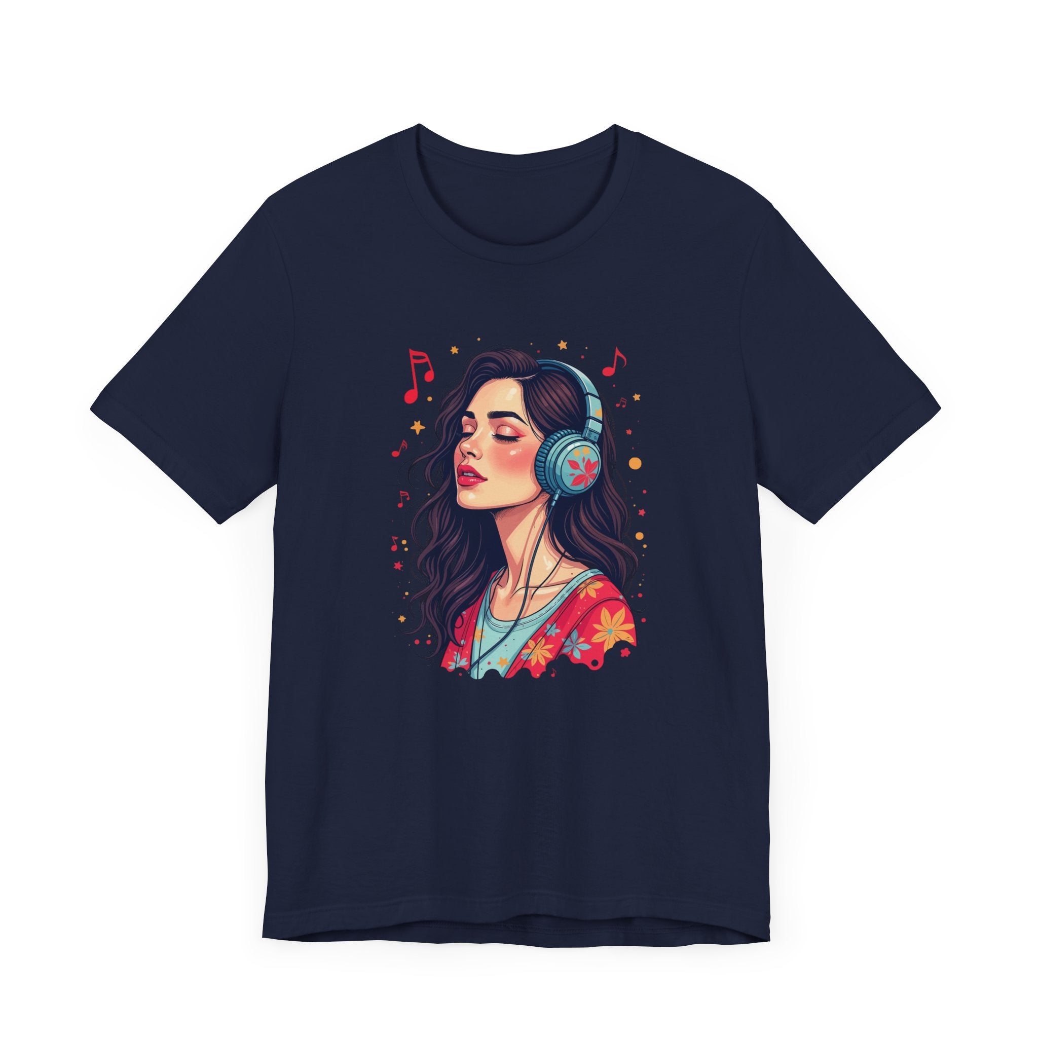 Quietly Loud – Woman with Headphones, Leaf Pattern Dress & Expressive Music Notes Graphic T-Shirt
