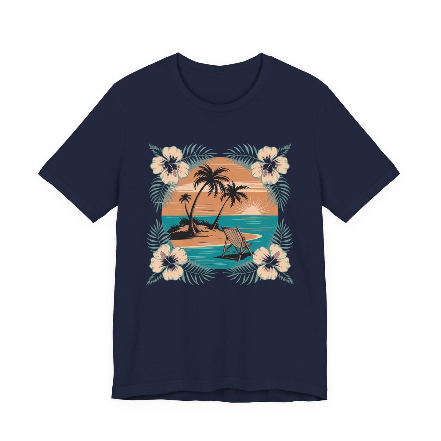 Tropical Escape – Beach Island Sunset with Floral Border Graphic T-Shirt
