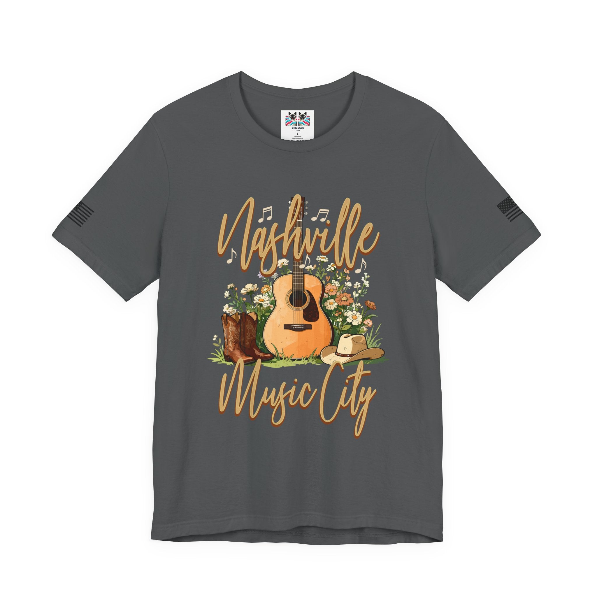 Nashville Music City T-Shirt – Acoustic Guitar Cowboy Hat Boots Floral Script Graphic Tee