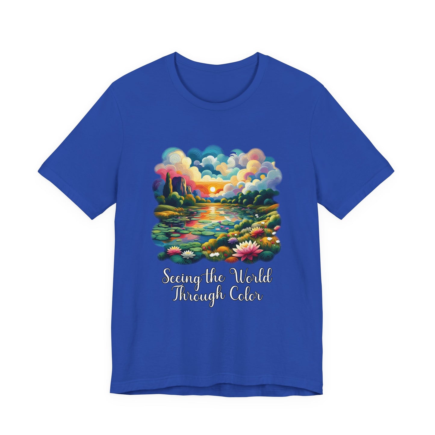 Impressionist Seeing the World Through Color Tshirt – Colorful Lotus Pond with Sunset Graphic