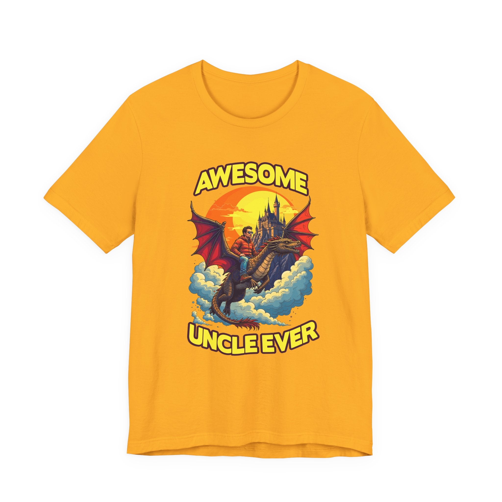 Awesome Uncle Ever Tshirt Man Riding Large Dragon Flying in Clouds with Castle in background