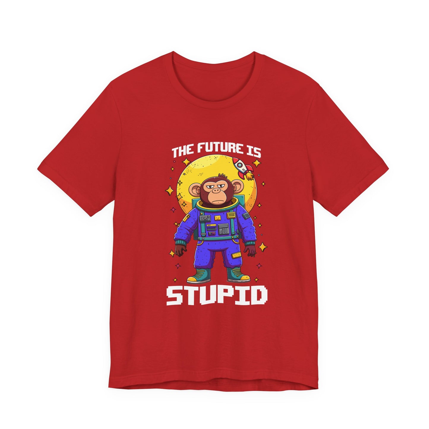 The Future Is Stupid Tshirt – Monkey in Colorful Spacesuit with Stars & Rocket Graphic