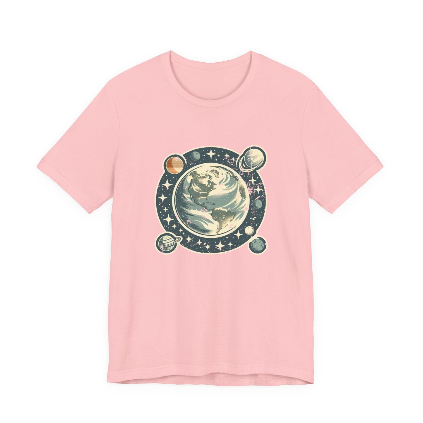 Earth Was Cool Tshirt – Gray Earth with Circular Planets and Stars Design