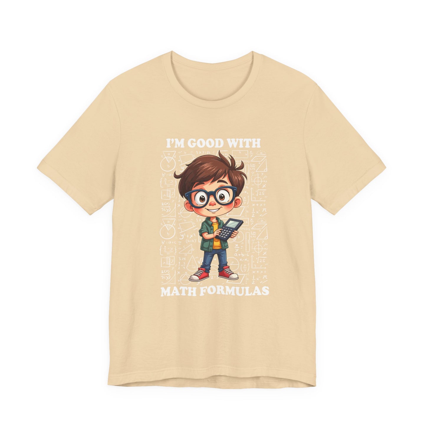 I'm Good with Math Formulas Tshirt – Happy Boy with Calculator and Math Diagrams