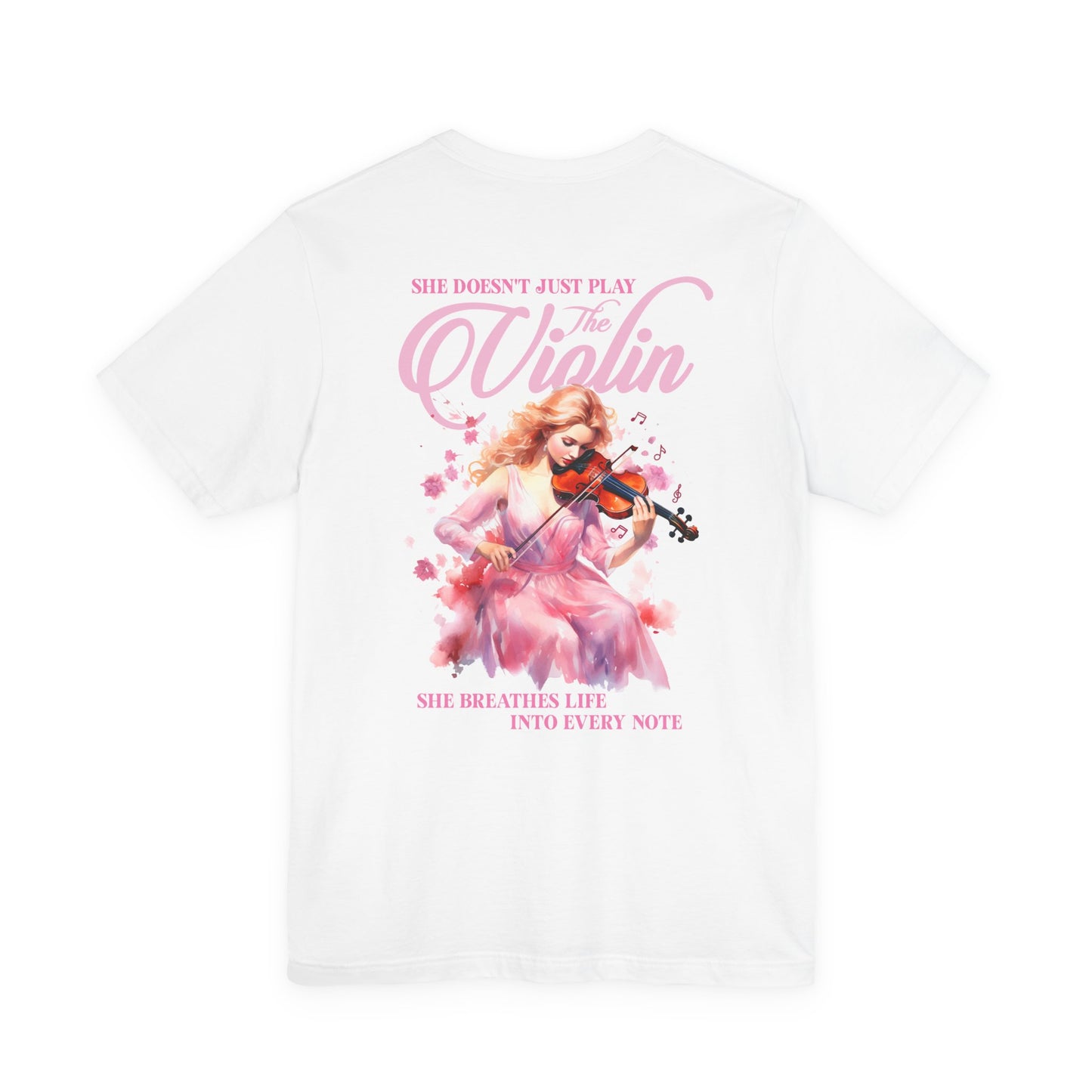 The Violin T-Shirt – Woman in Pink Dress with Flowers and Music Notes
