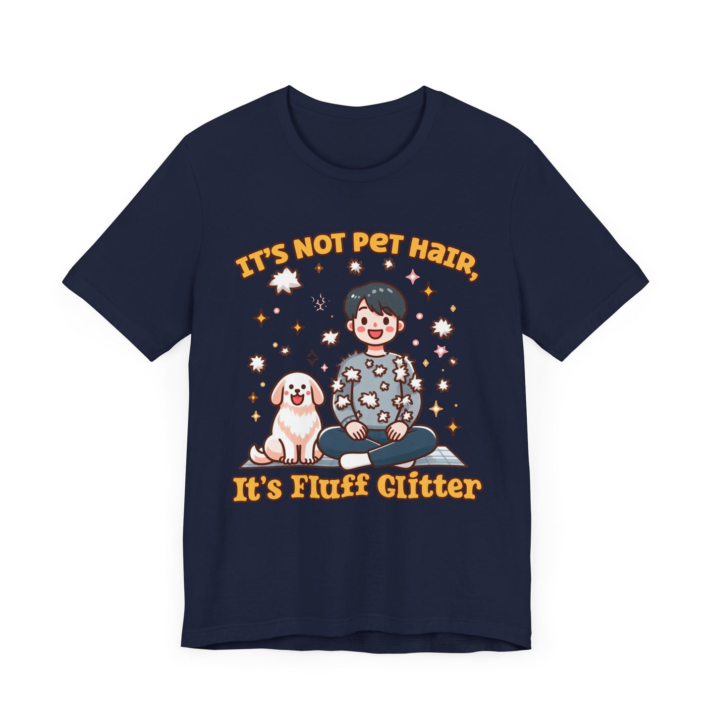 It's Not Pet Hair, It's Fluff Glitter | Smiling Puppy and Boy with Flying Hair & Glitter T-Shirt