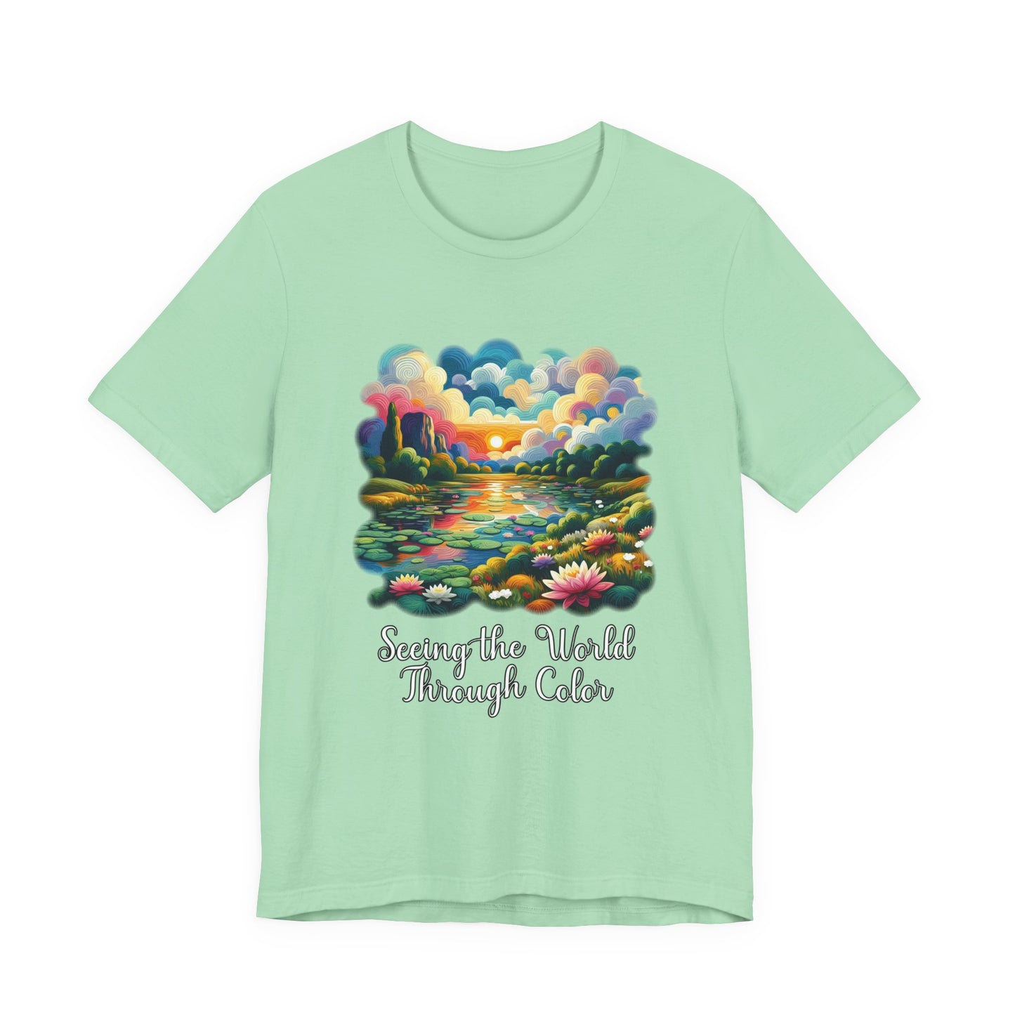 Impressionist Seeing the World Through Color Tshirt – Colorful Lotus Pond with Sunset Graphic