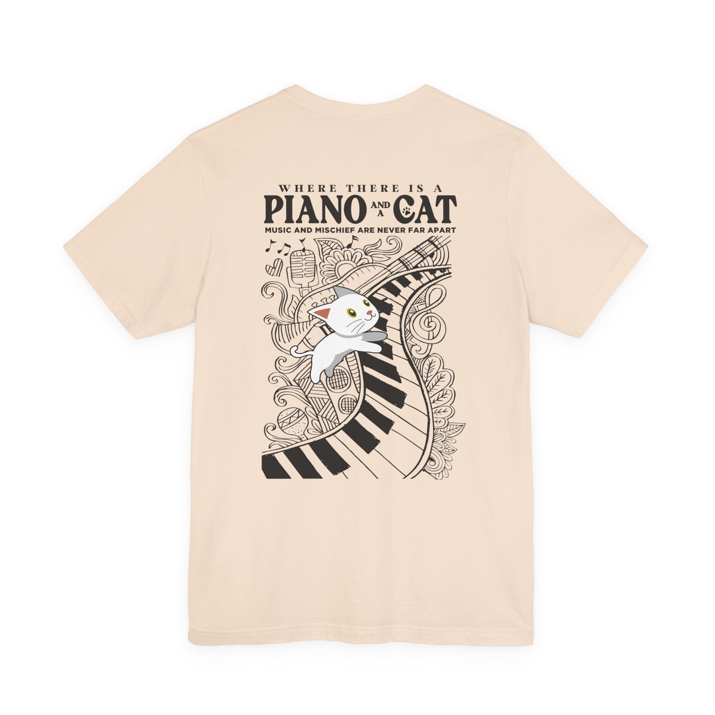 Music and Mischief T-Shirt – Piano and Playful Cat Graphic
