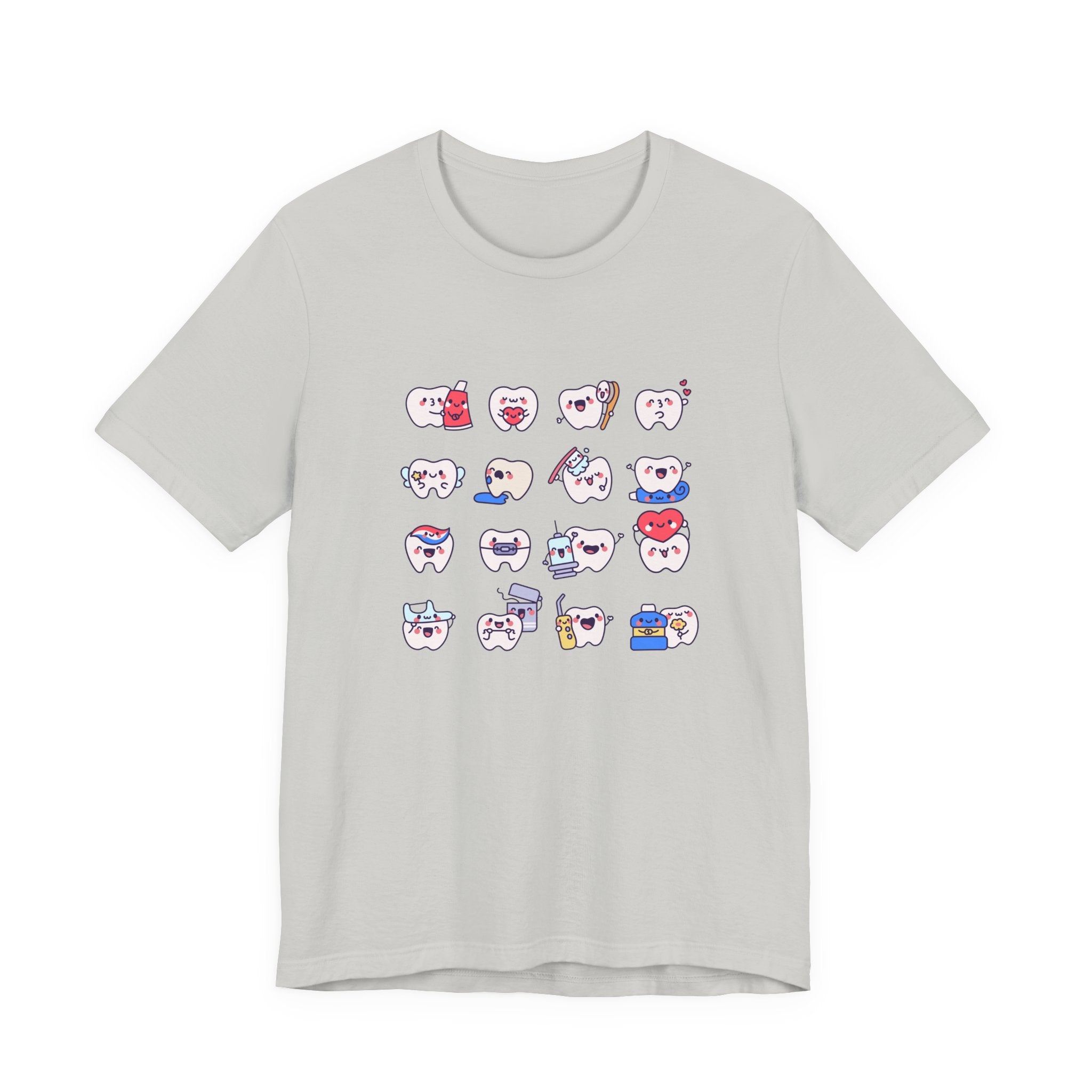 Happy Smiling Teeth T Shirt Sixteen Tooth Characters with Dental Care Items