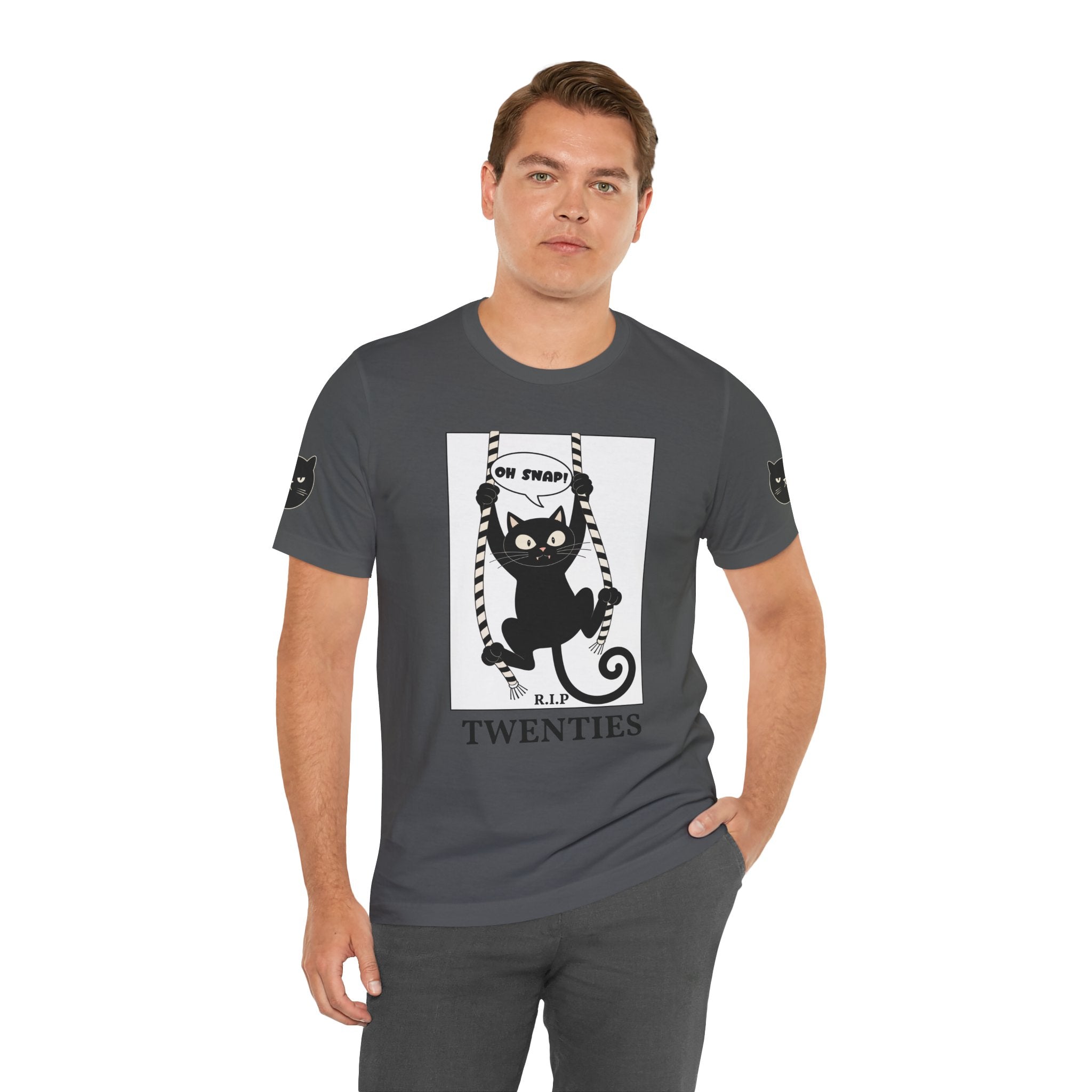 Custom T-Shirt - Oh Snap Funny Cat T-Shirt – Cat Hanging from Blinds Mischievous Kitten Humor Graphic Tee