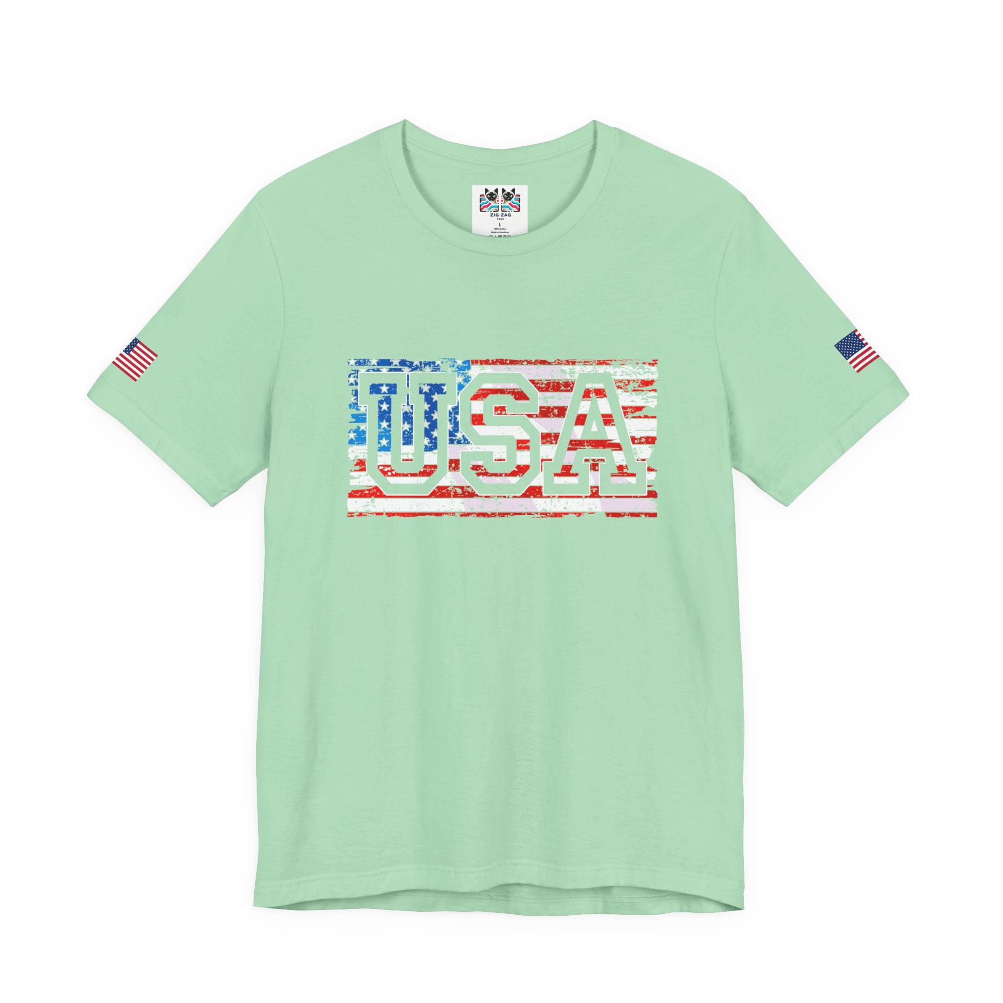 USA Vintage Collegiate T-Shirt – Retro American Flag Typography Graphic Tee