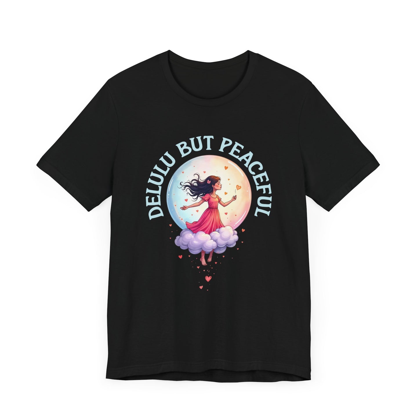 Delulu But Peaceful – Blissfully Unrealistic Floating Girl with Moon & Hearts Graphic T-Shirt