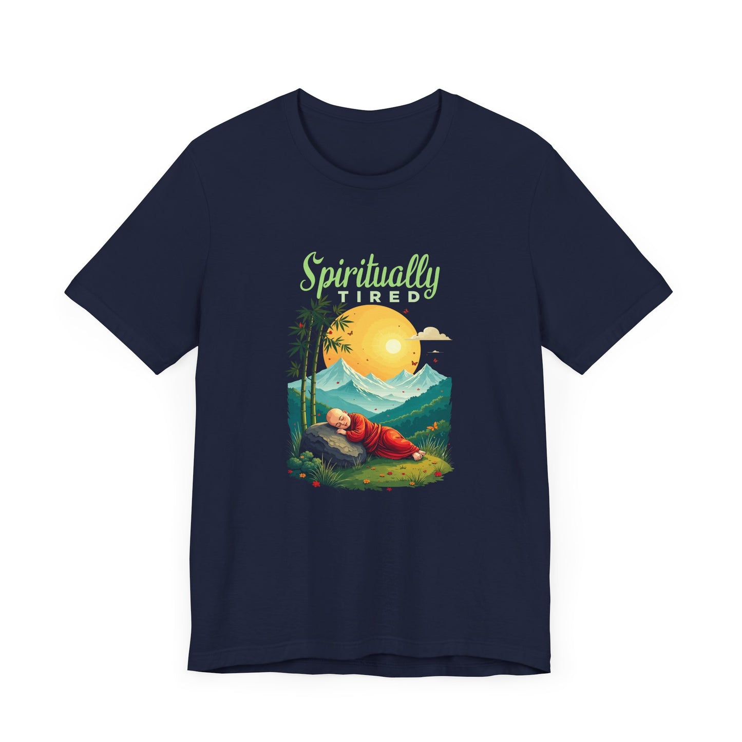 Spiritually Tired – Sleeping Monk Boy in Sunrise Nature Graphic T-Shirt