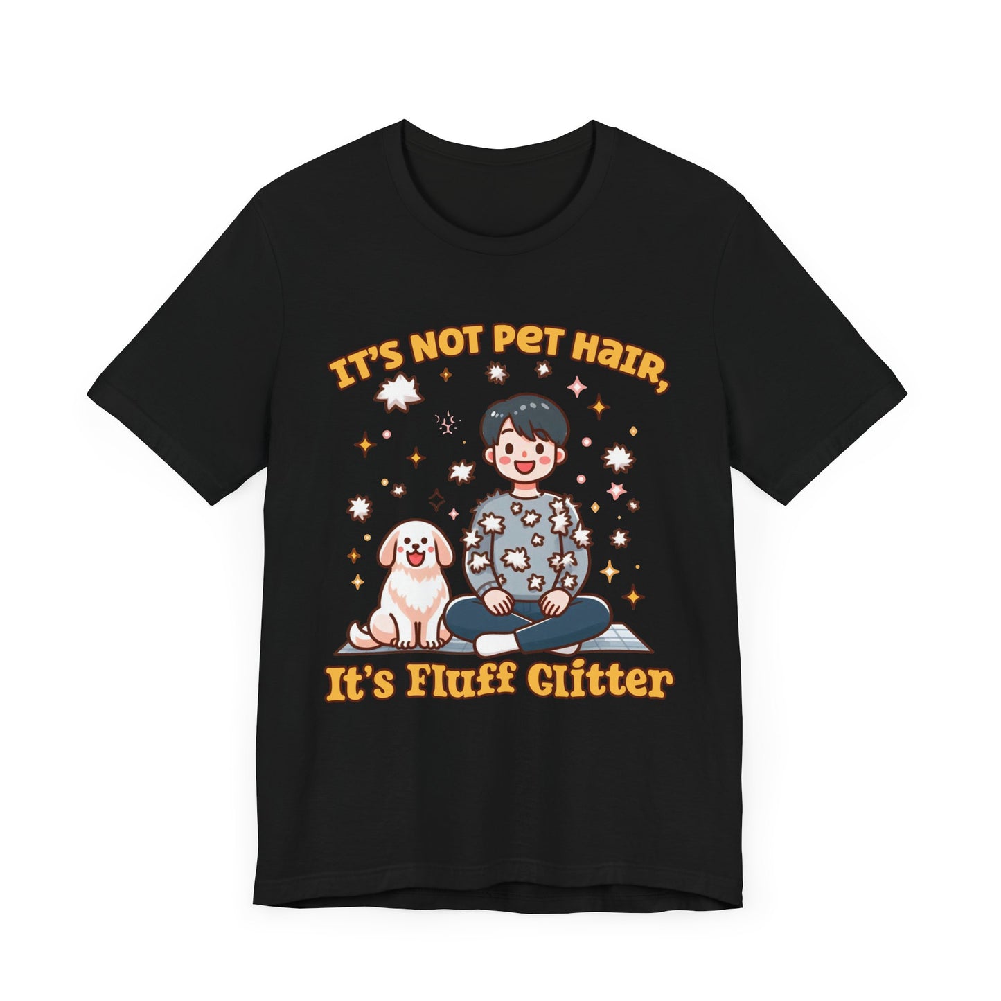 It's Not Pet Hair, It's Fluff Glitter | Smiling Puppy and Boy with Flying Hair & Glitter T-Shirt