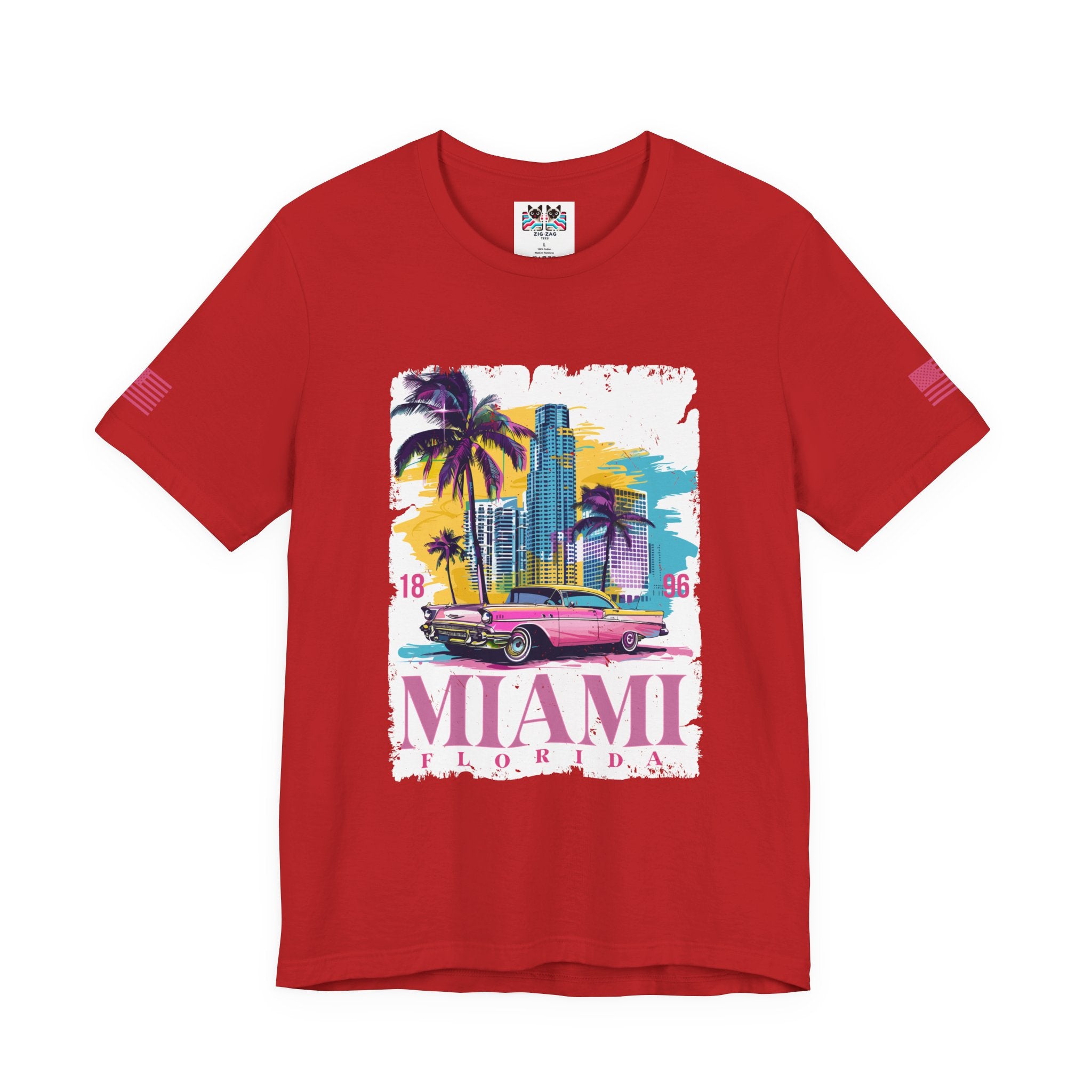 Miami Florida 1896 T-Shirt – Pink Classic Car Palm Tree Skyline Colorful Graphic Tee