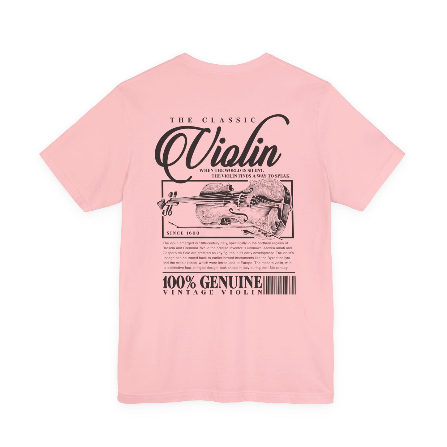 The Classic Violin T-Shirt – Vintage Instrument & 16th Century Story [Black Text]