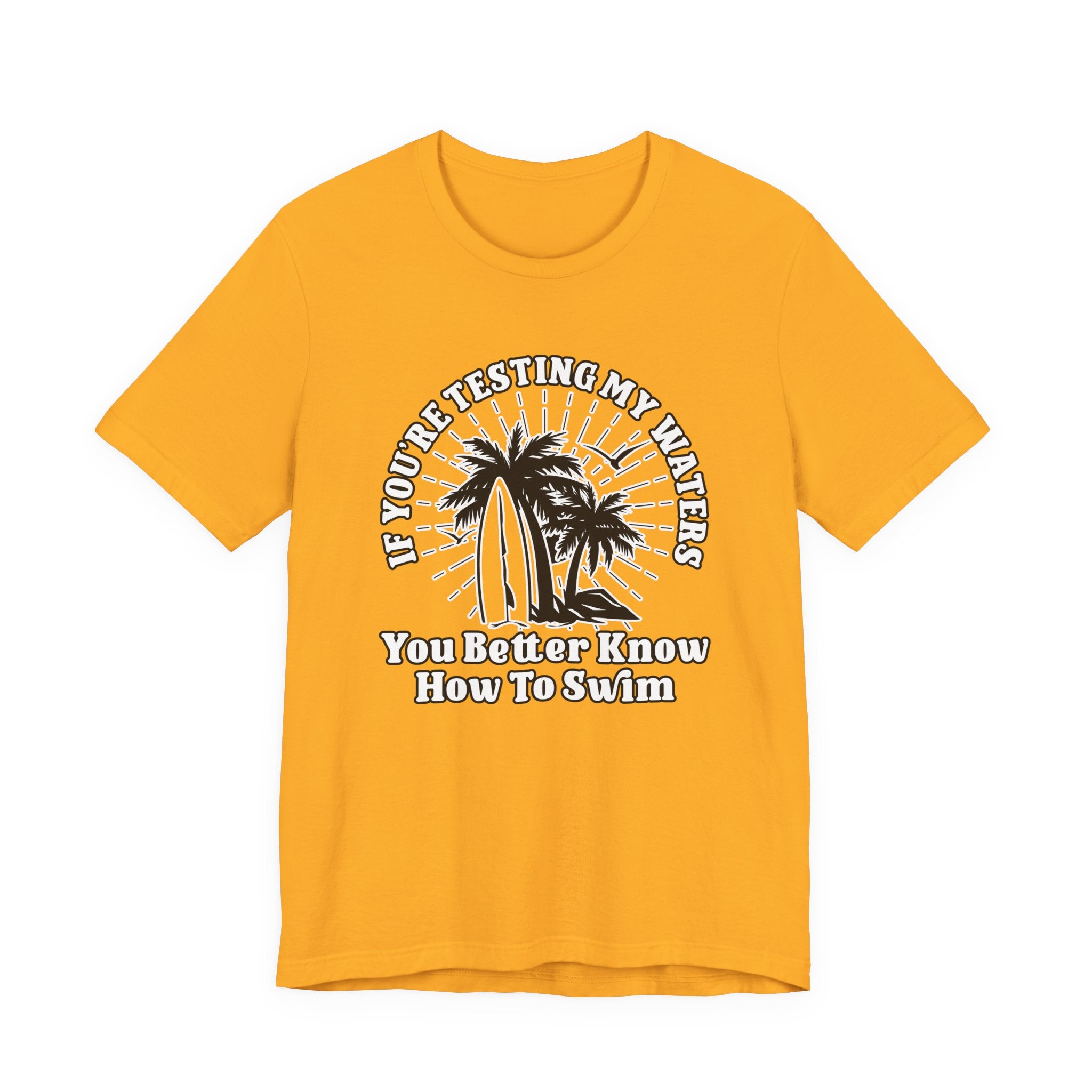Test My Waters Surf T-Shirt – Beach Palm Trees & Rocks Graphic with Bold Quote