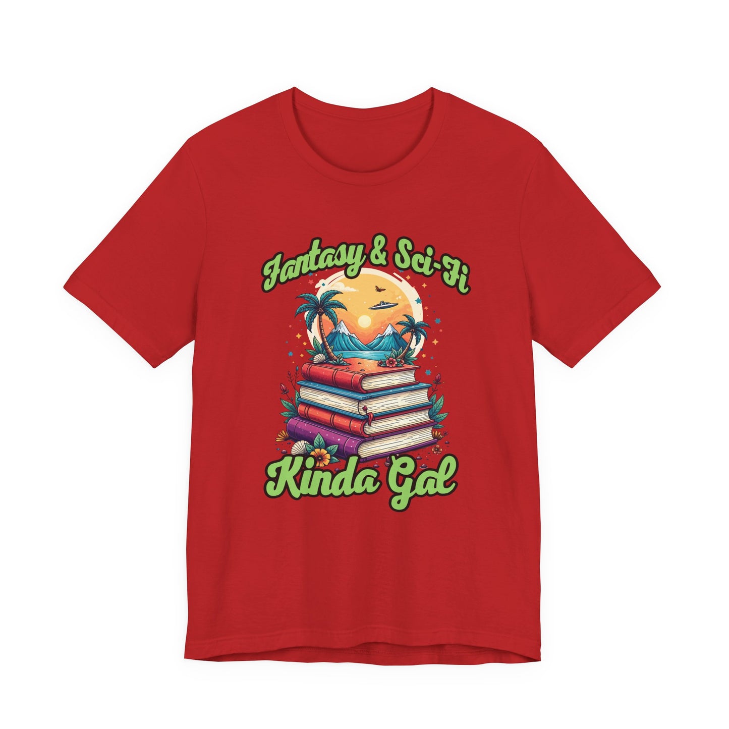 Fantasy And SciFi Kinda Gal Tshirt with Stacked Books with Flowers, Trees, Mountains and UFO