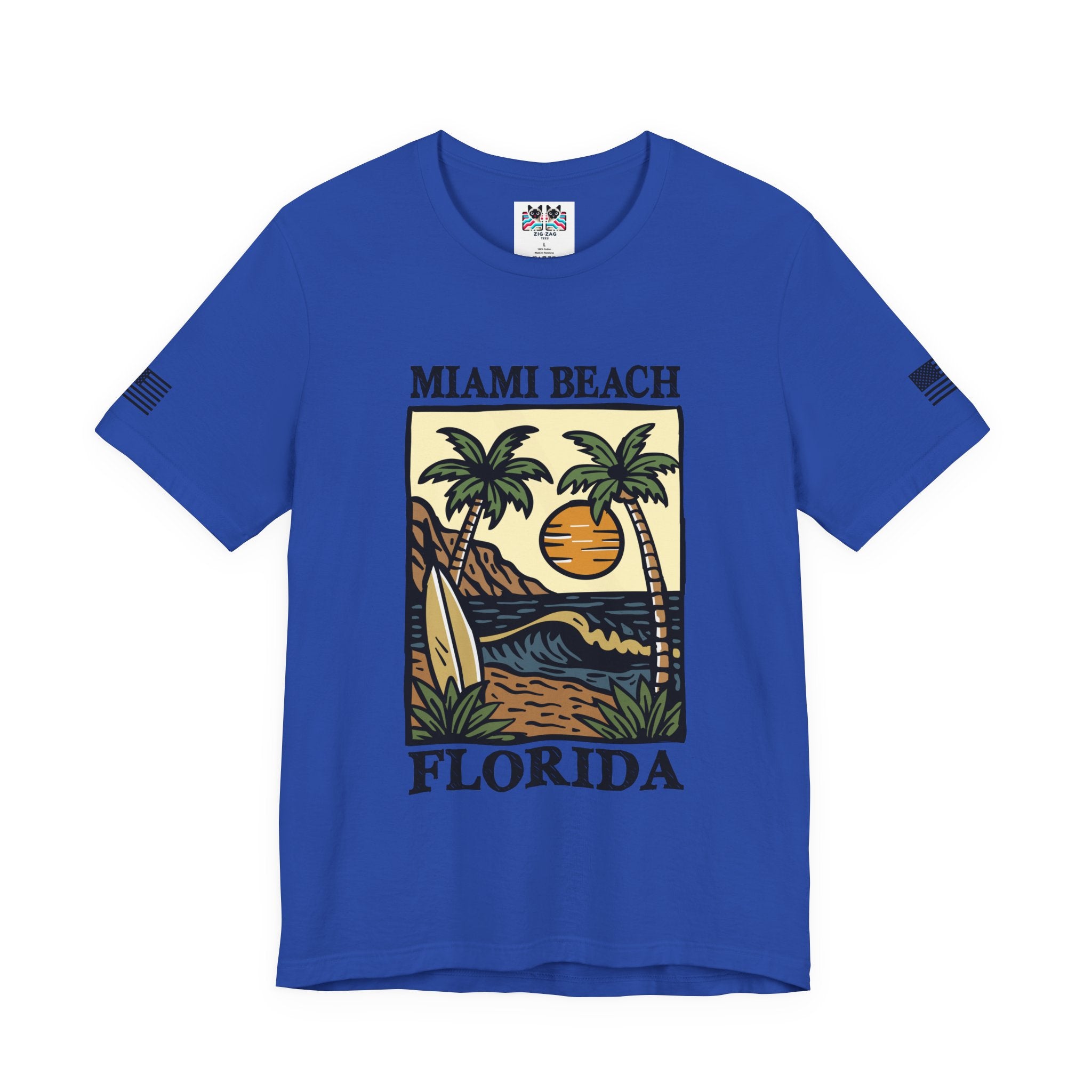 Miami Beach Florida T-Shirt – Illustrated Surfboard Palm Tree Sunset Beach Scene Tee