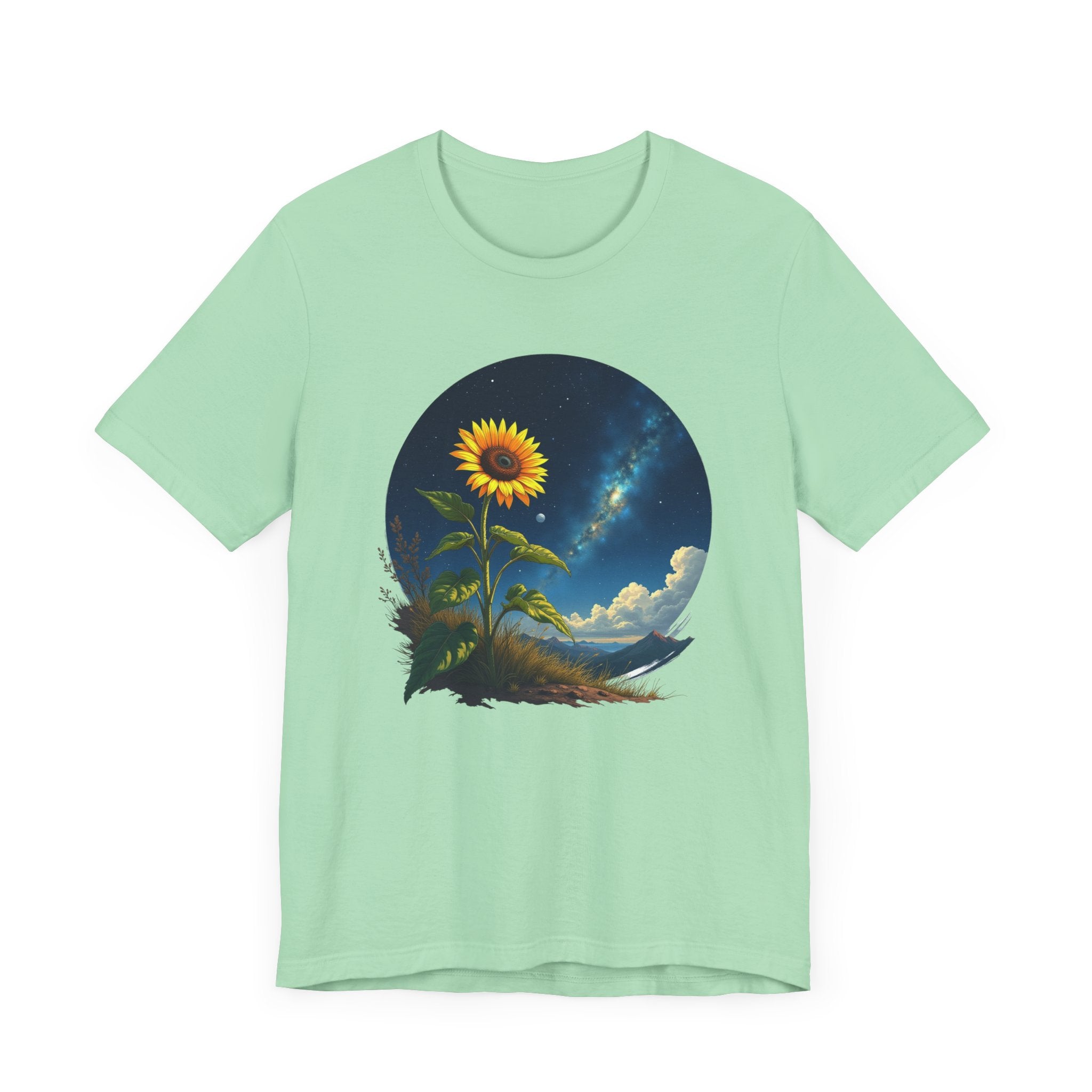 Cosmic Bloom Sunflower with Sky, Clouds & Mountains Reaction Graphic T-Shirt