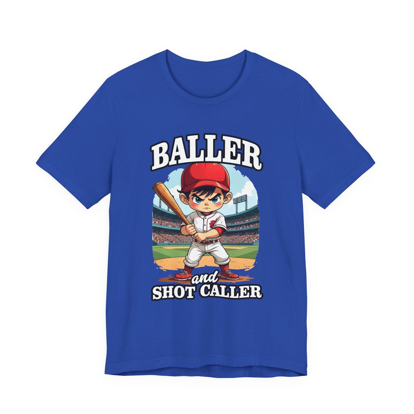 Baller And Short Caller Tshirt young baseball player standing confidently on the pitch