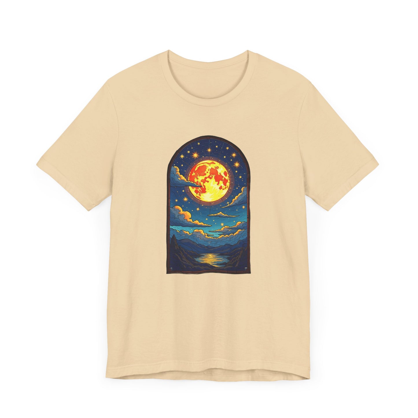 Castle Window View of Glowing Full Moon with Reflection and Stars Graphic T-Shirt