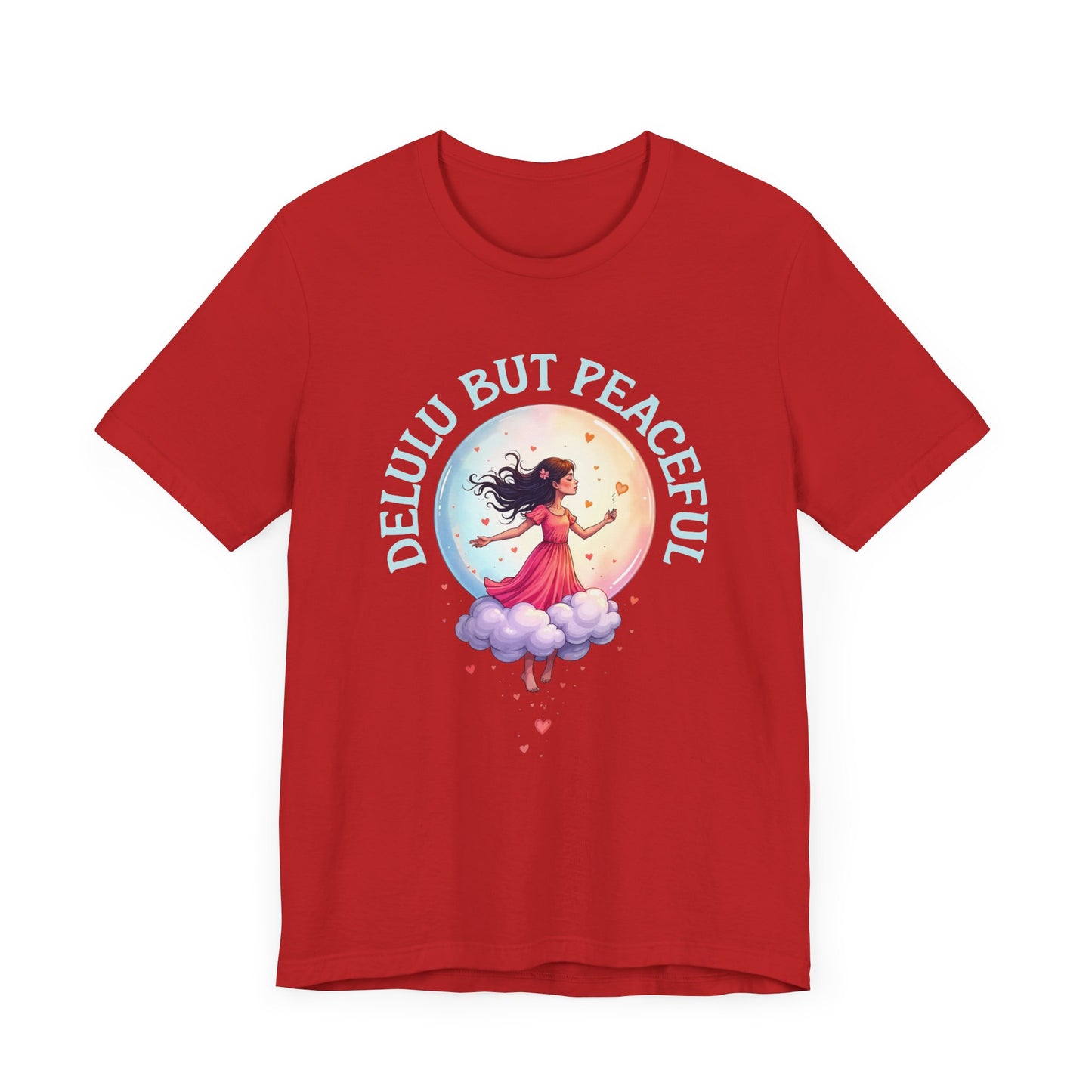 Delulu But Peaceful – Blissfully Unrealistic Floating Girl with Moon & Hearts Graphic T-Shirt