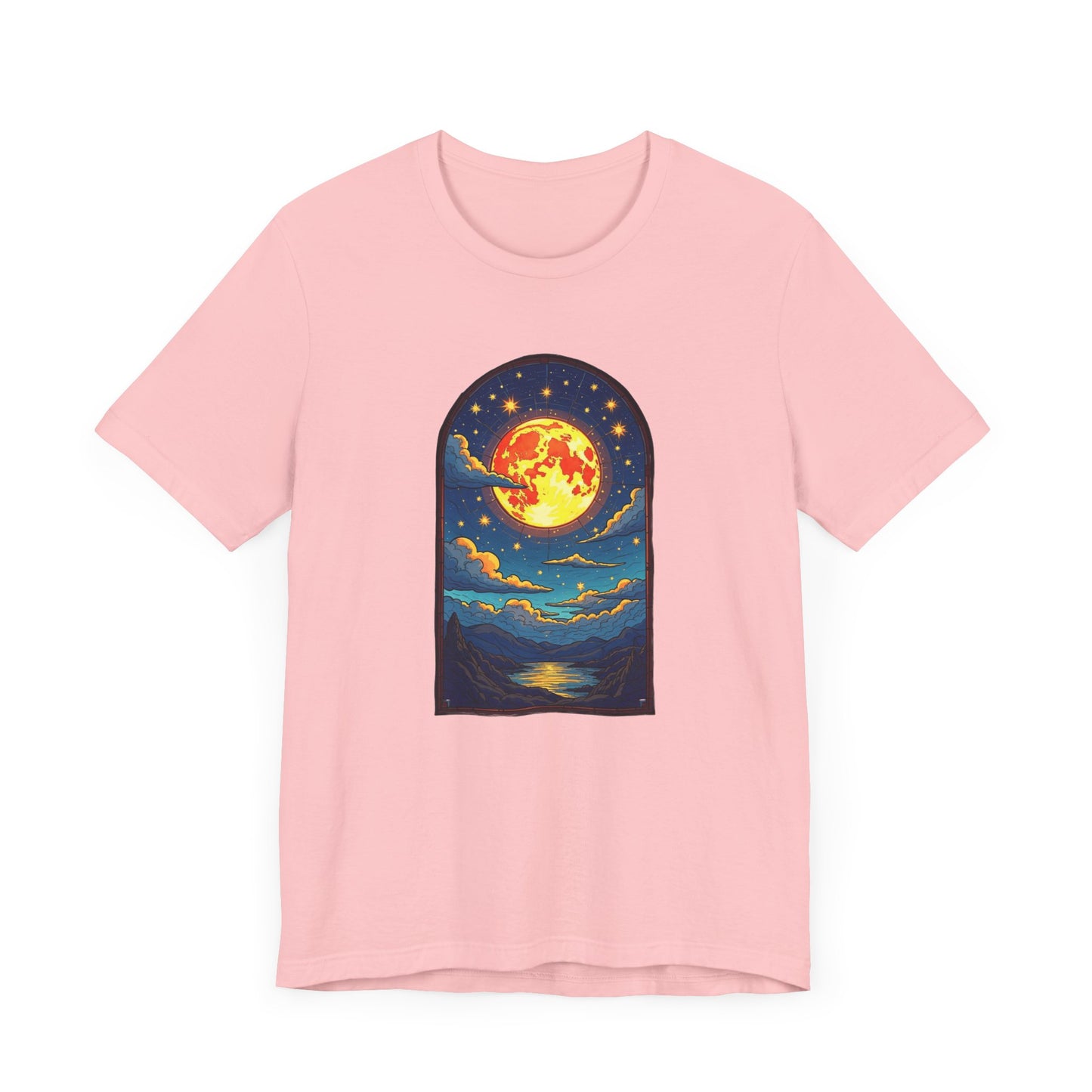 Castle Window View of Glowing Full Moon with Reflection and Stars Graphic T-Shirt