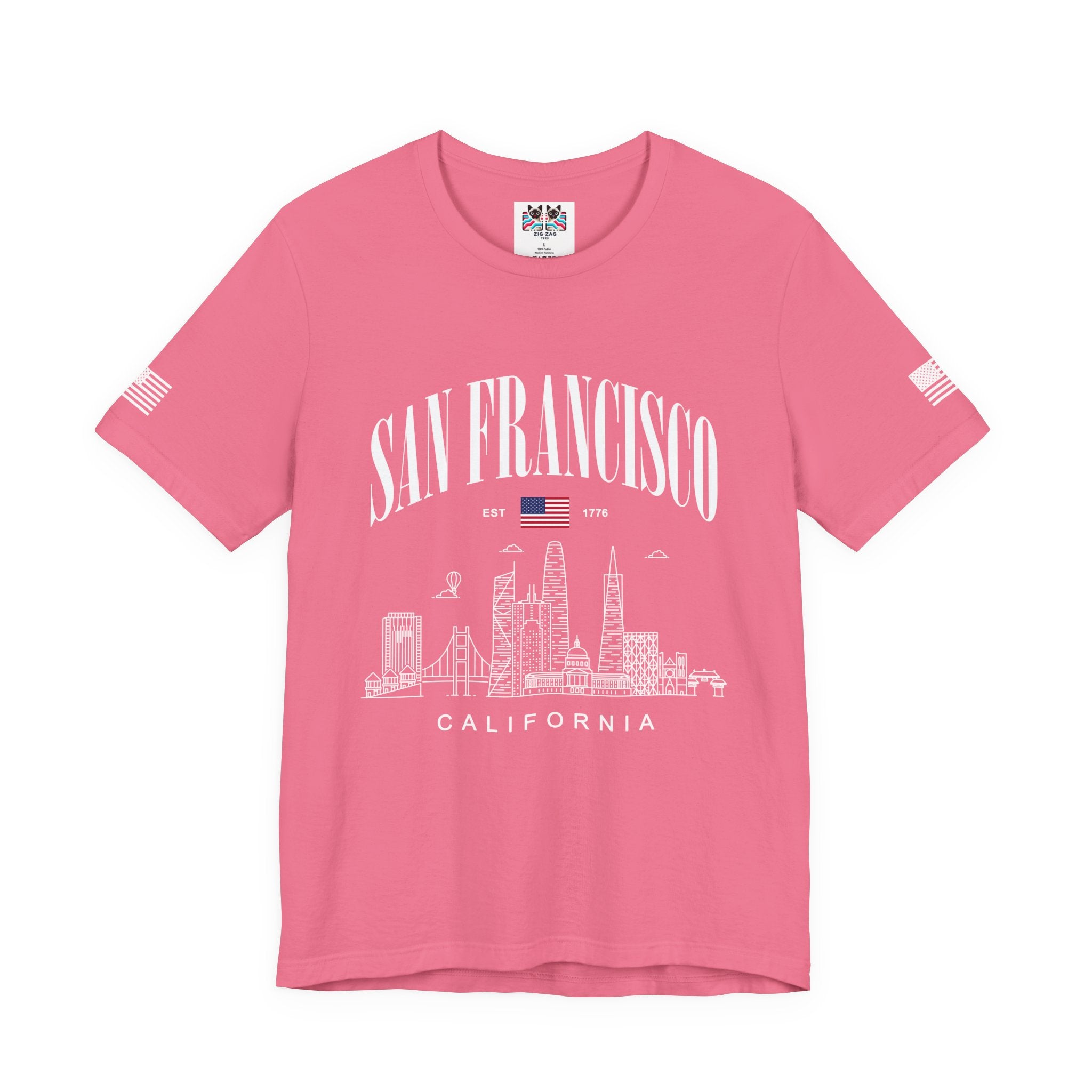 San Francisco California T-Shirt, EST 1776 Arch Skyline Tee, Bay Area Patriotic Shirt, SF Souvenir Gift, Unisex USA Flag Sleeve Shirt
