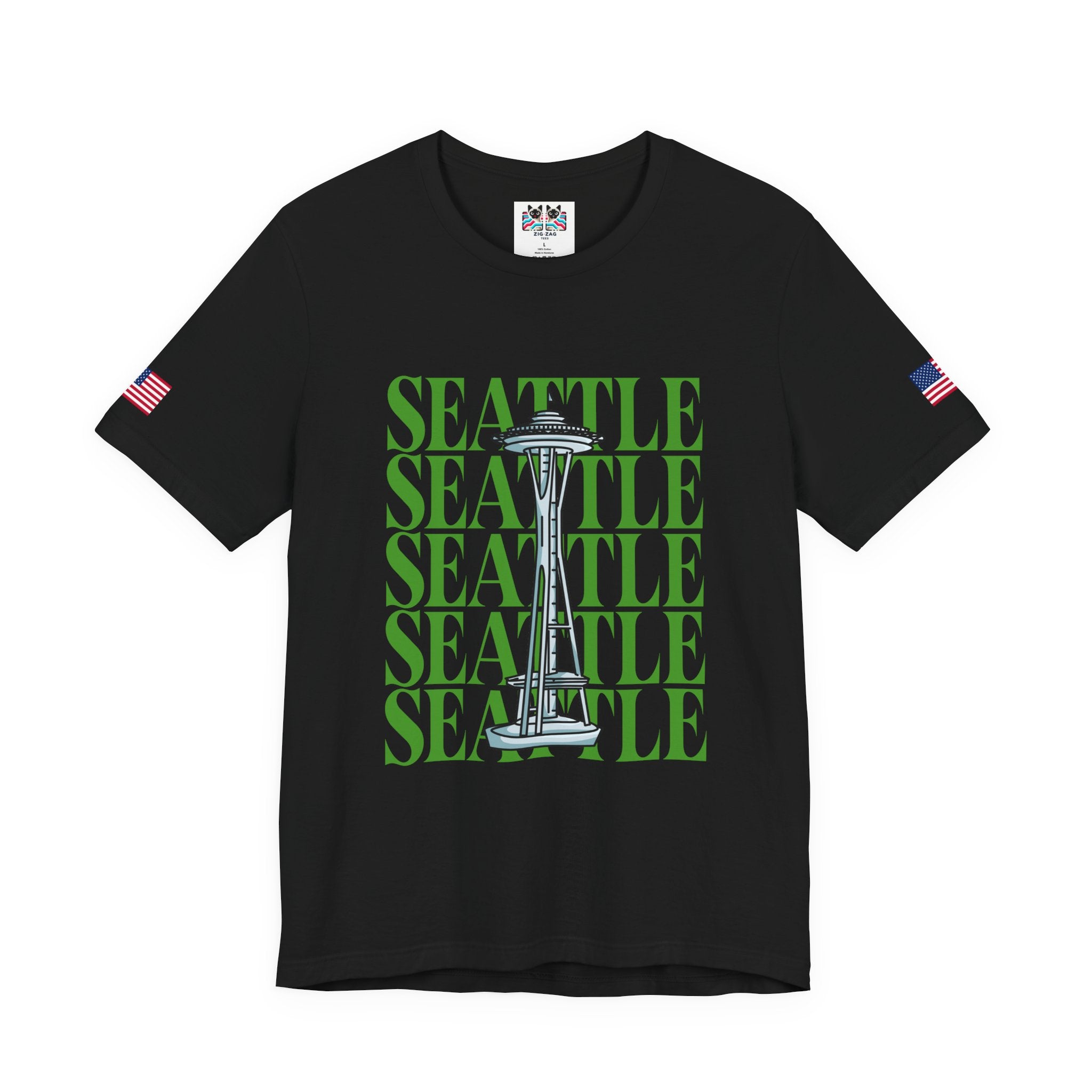 Seattle Repeated Text Space Needle Graphic T-Shirt | Seattle Washington Souvenir Tee | Space Needle Pride Shirt