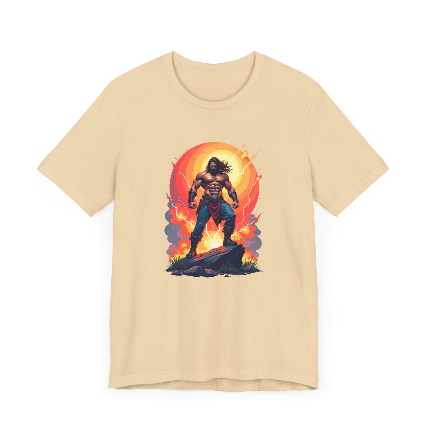 Power Unleashed – Strong Man on Rock with Lightning, Smoke & Fire Splash Graphic T-Shirt