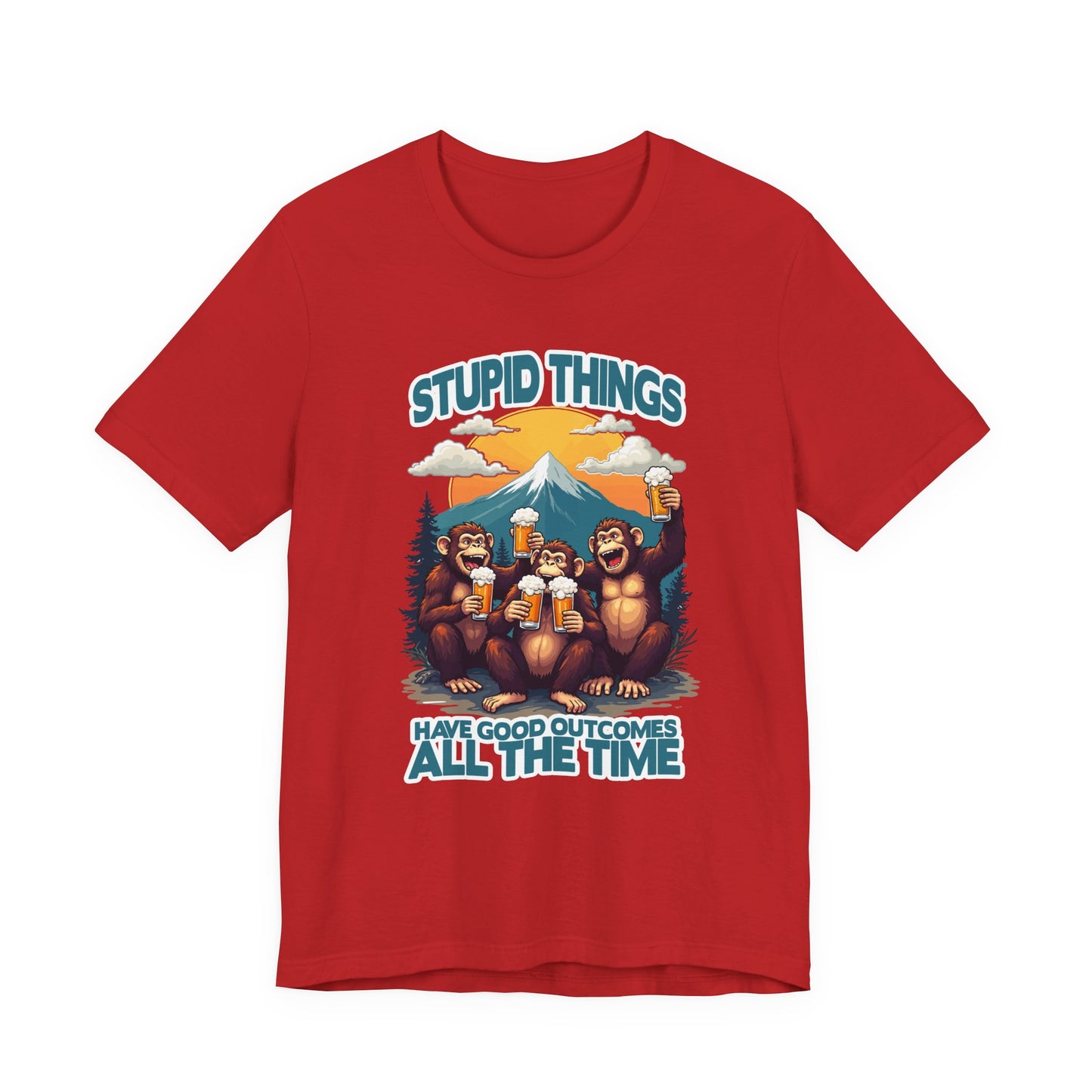 Stupid Things Have Good Outcomes Tshirt – Three Monkeys Cheers with Beer Mugs & Mountain Scene