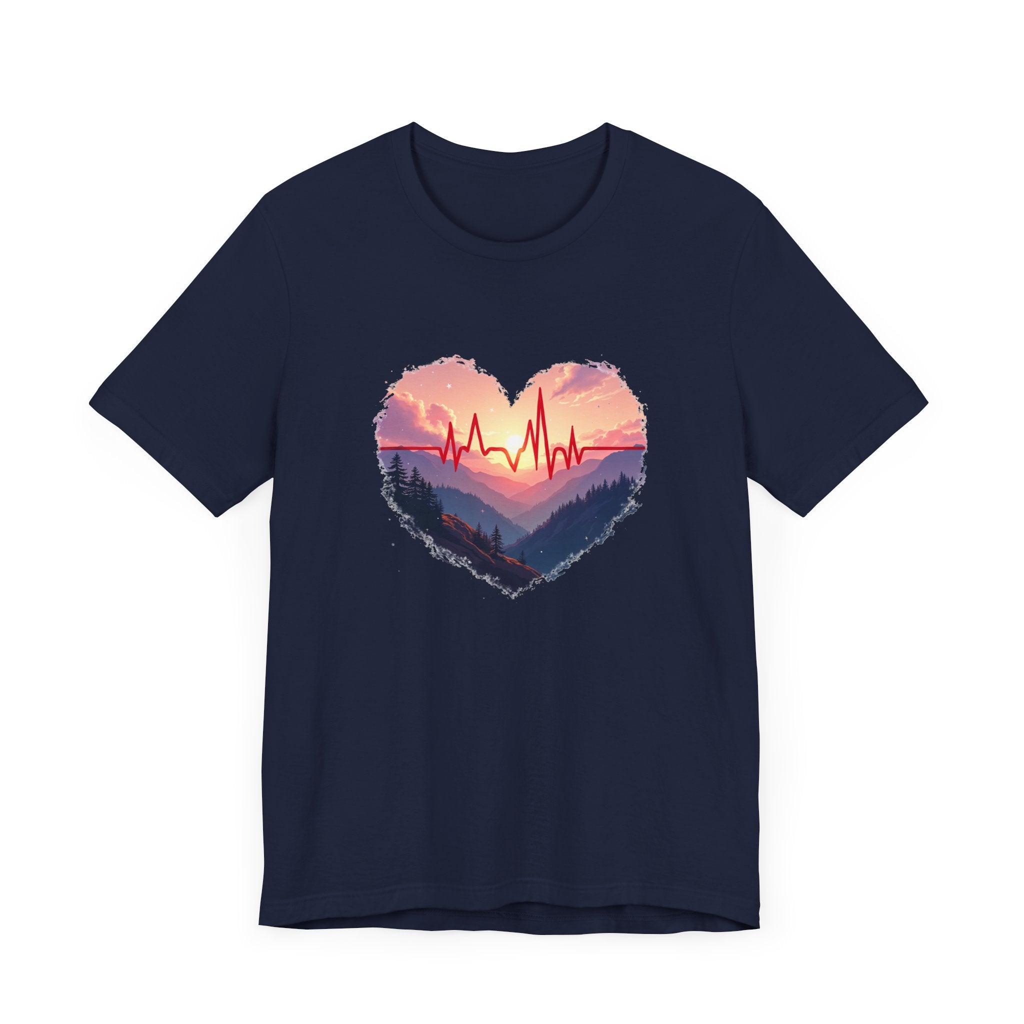 Heart-Shaped Majestic Mountains Landscape with Bold Red Lifeline Graphic T-Shirt