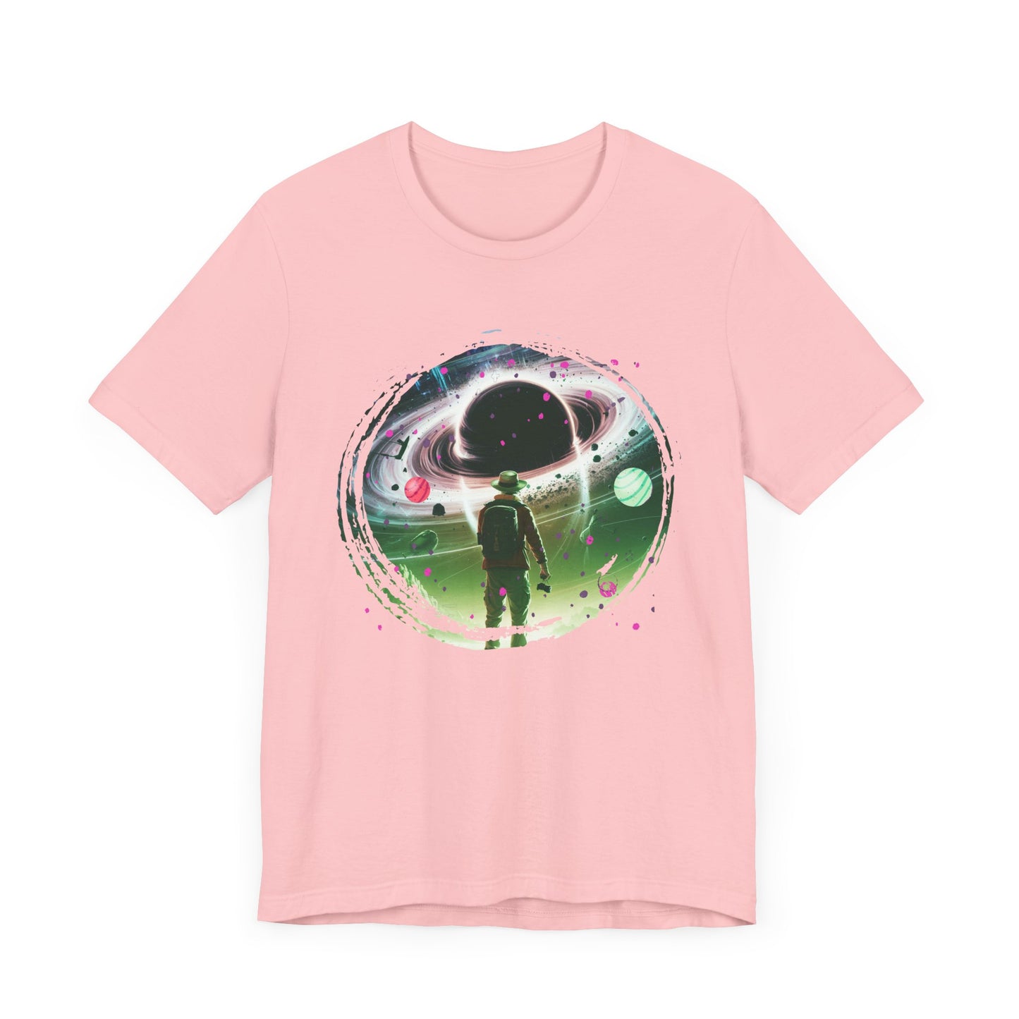 Shocked Traveler & Dramatic Planets | Backpacker Gazing at Planets Graphic T-Shirt