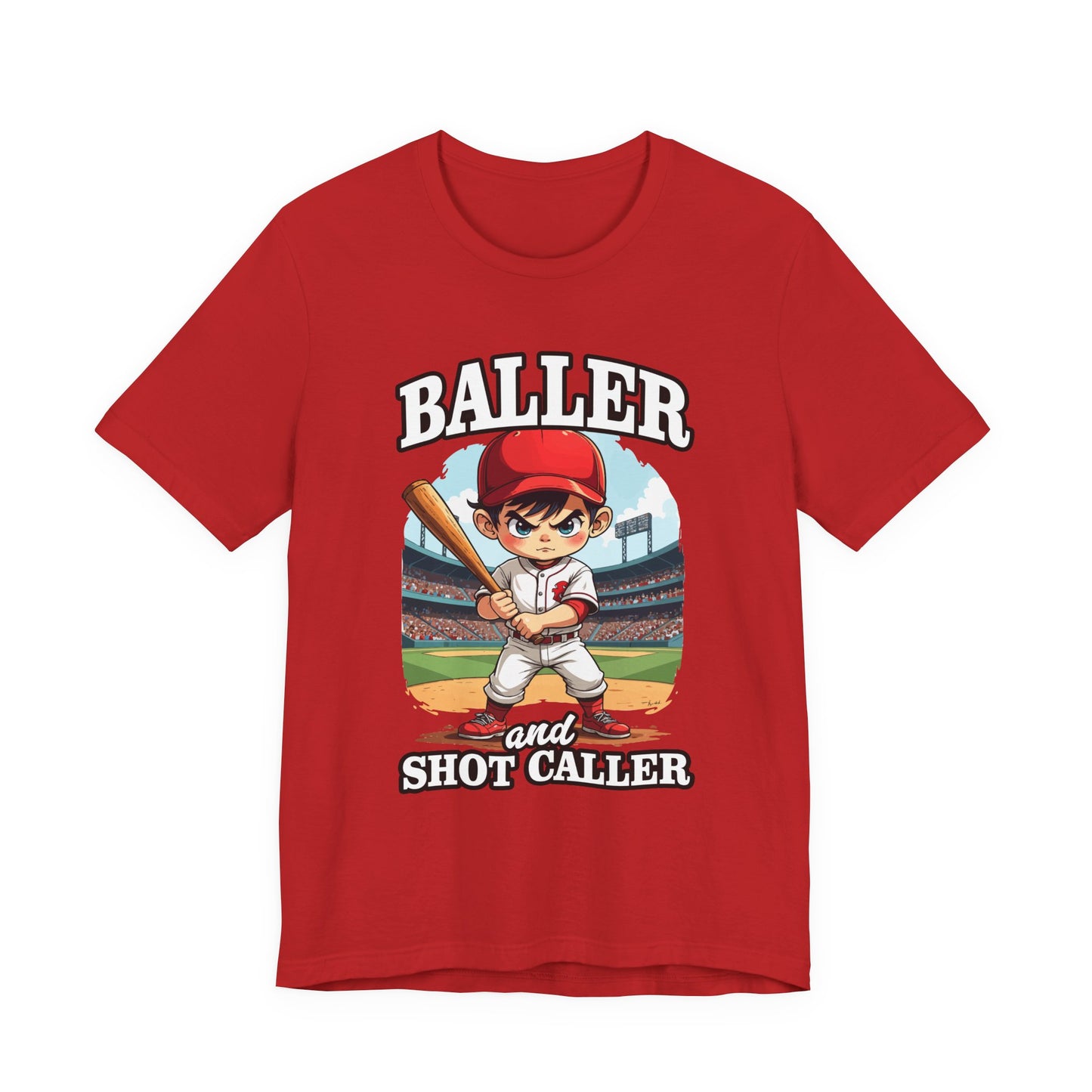 Baller And Short Caller Tshirt young baseball player standing confidently on the pitch