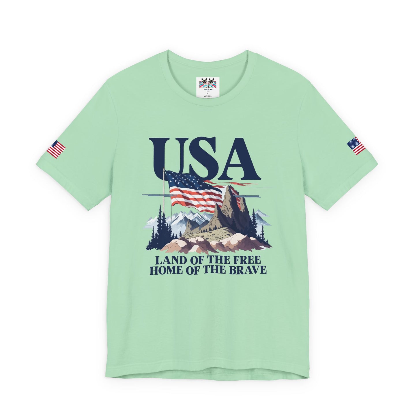 USA Land of the Free Home of the Brave T-Shirt – Mountain Flag Nature Patriotic Graphic Tee